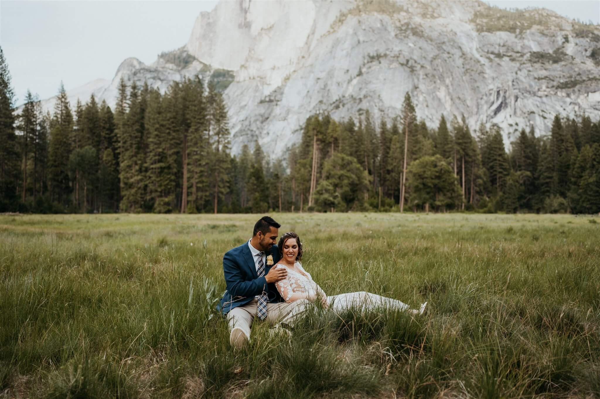 Bride and groom couple portraits in front of Half Dome