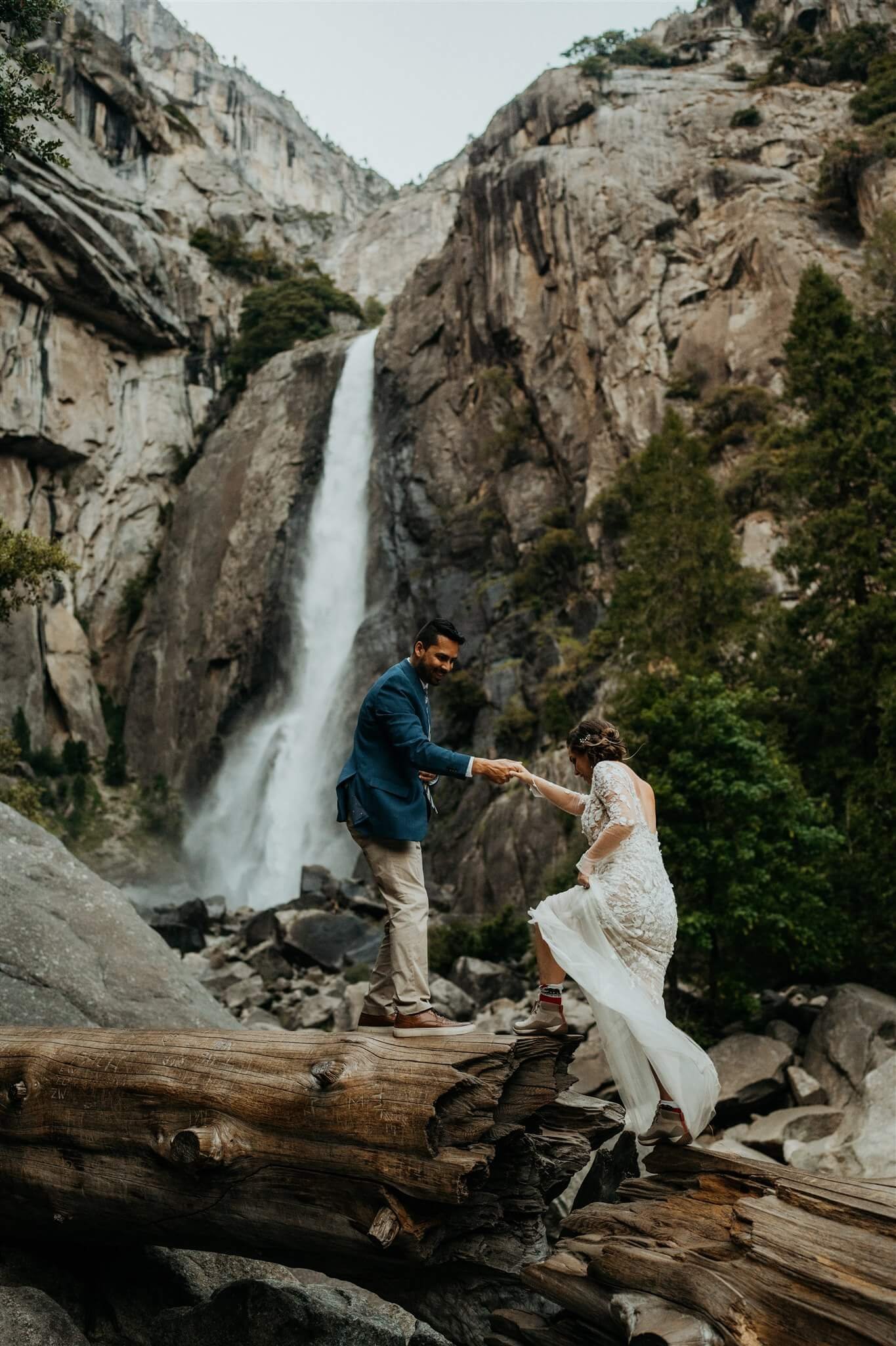 Bride and groom waterfall elopement in Yosemite