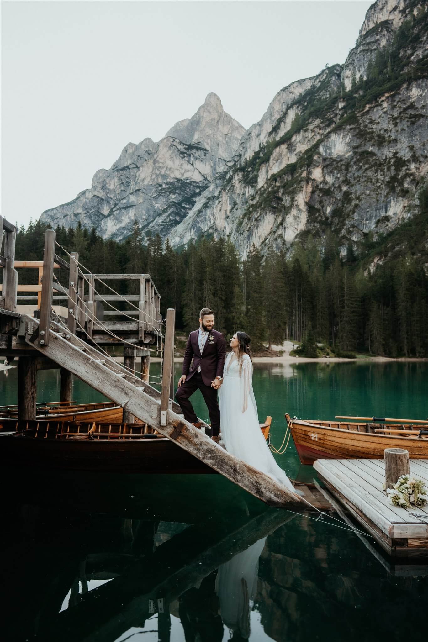 Bride and groom couple portraits at Lago di Braies private vow renewal