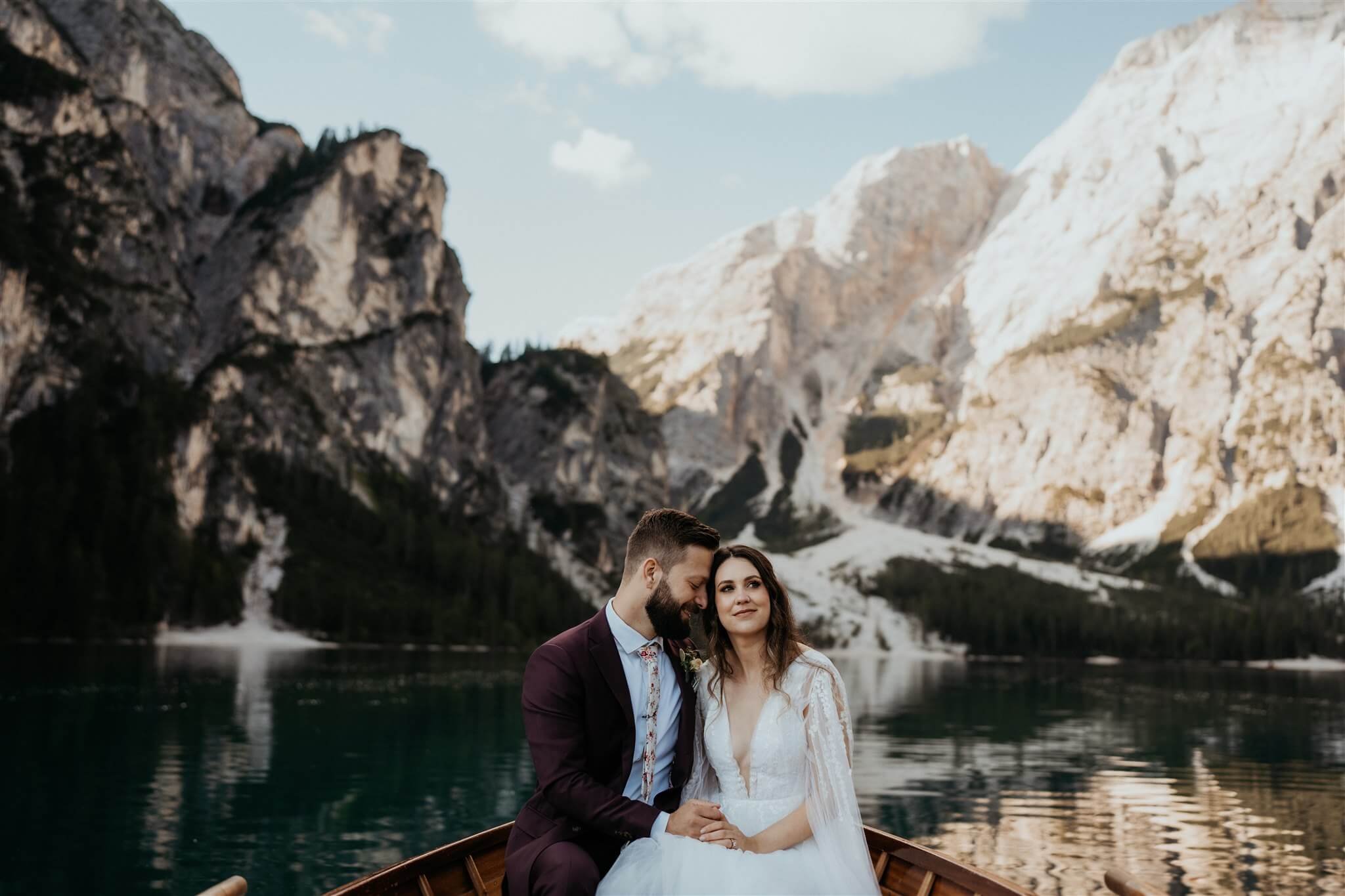 Bride and groom couple portraits at Lago di Braies vow renewal elopement
