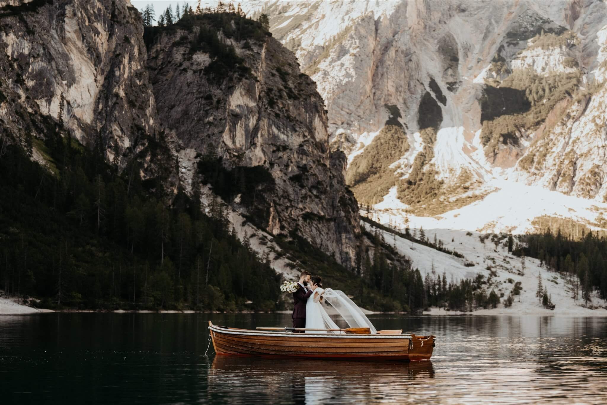 Bride and groom couple portraits at Lago di Braies vow renewal elopement