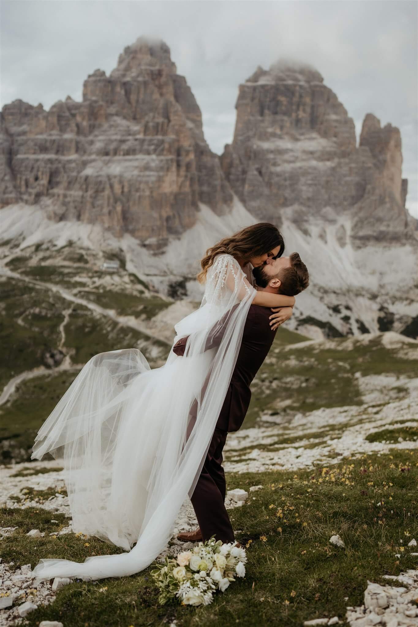 Bride and groom couple portraits in the Dolomites for their intimate vow renewal
