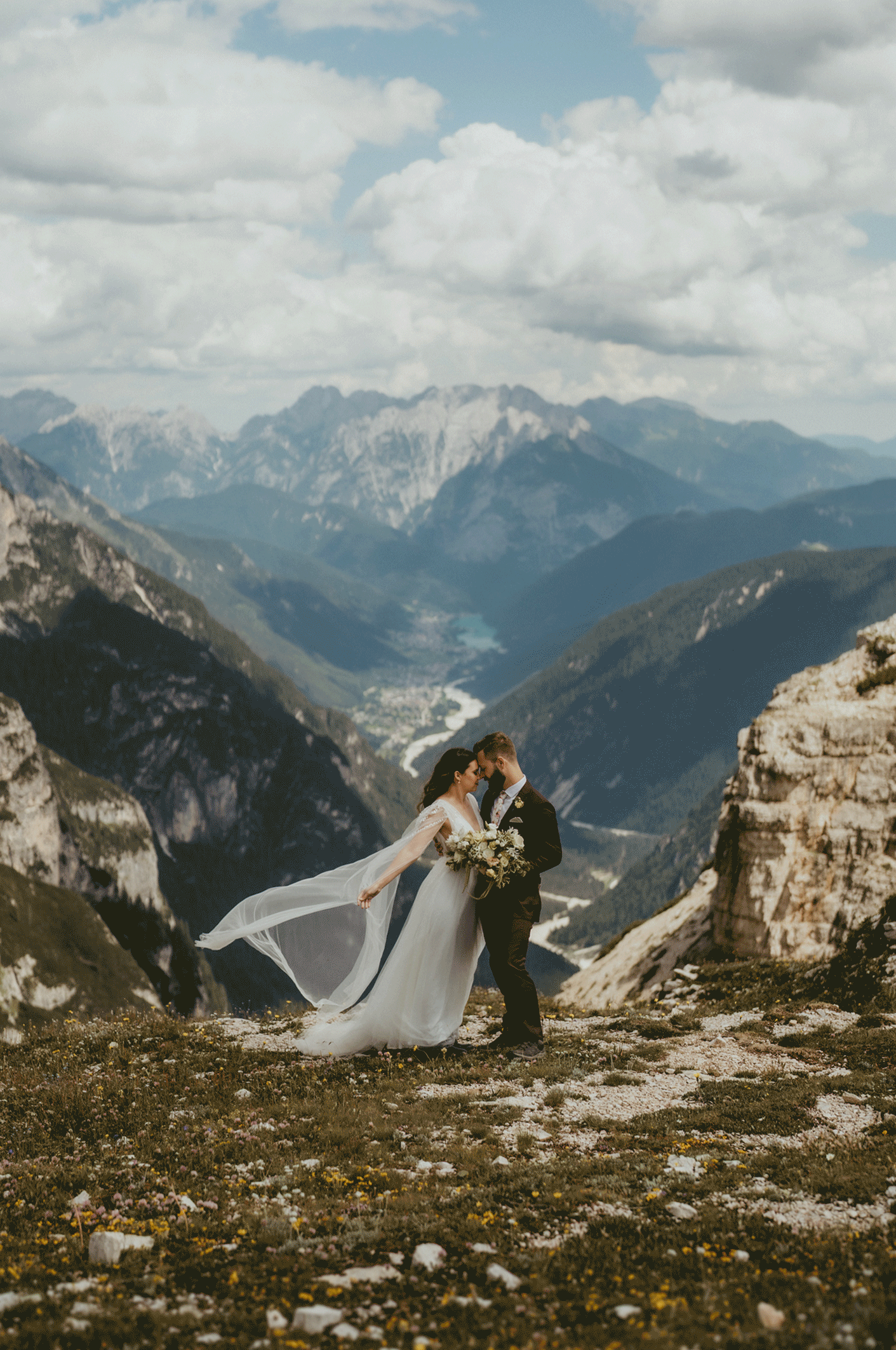 Bride and groom couple portraits in the Dolomites for their vow renewal elopement