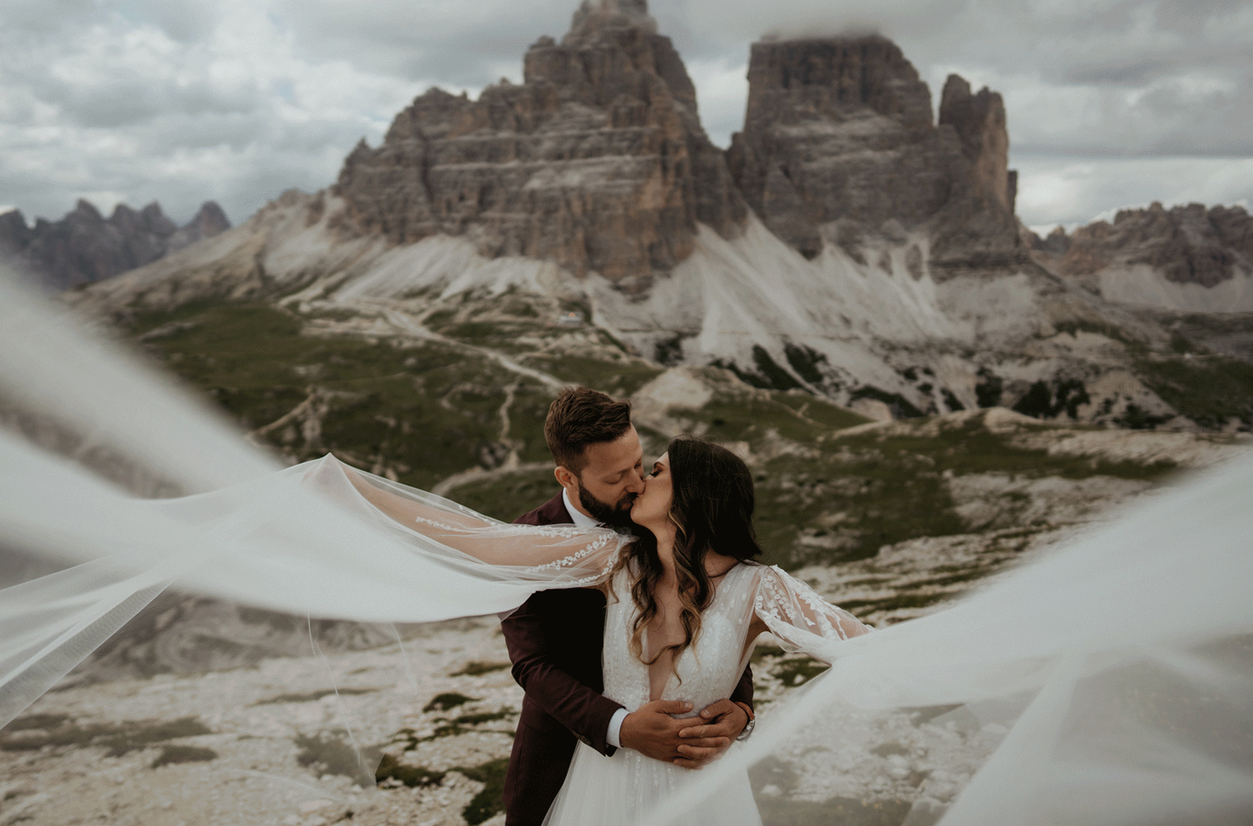 Bride and groom couple portraits in the Dolomites for their intimate vow renewal