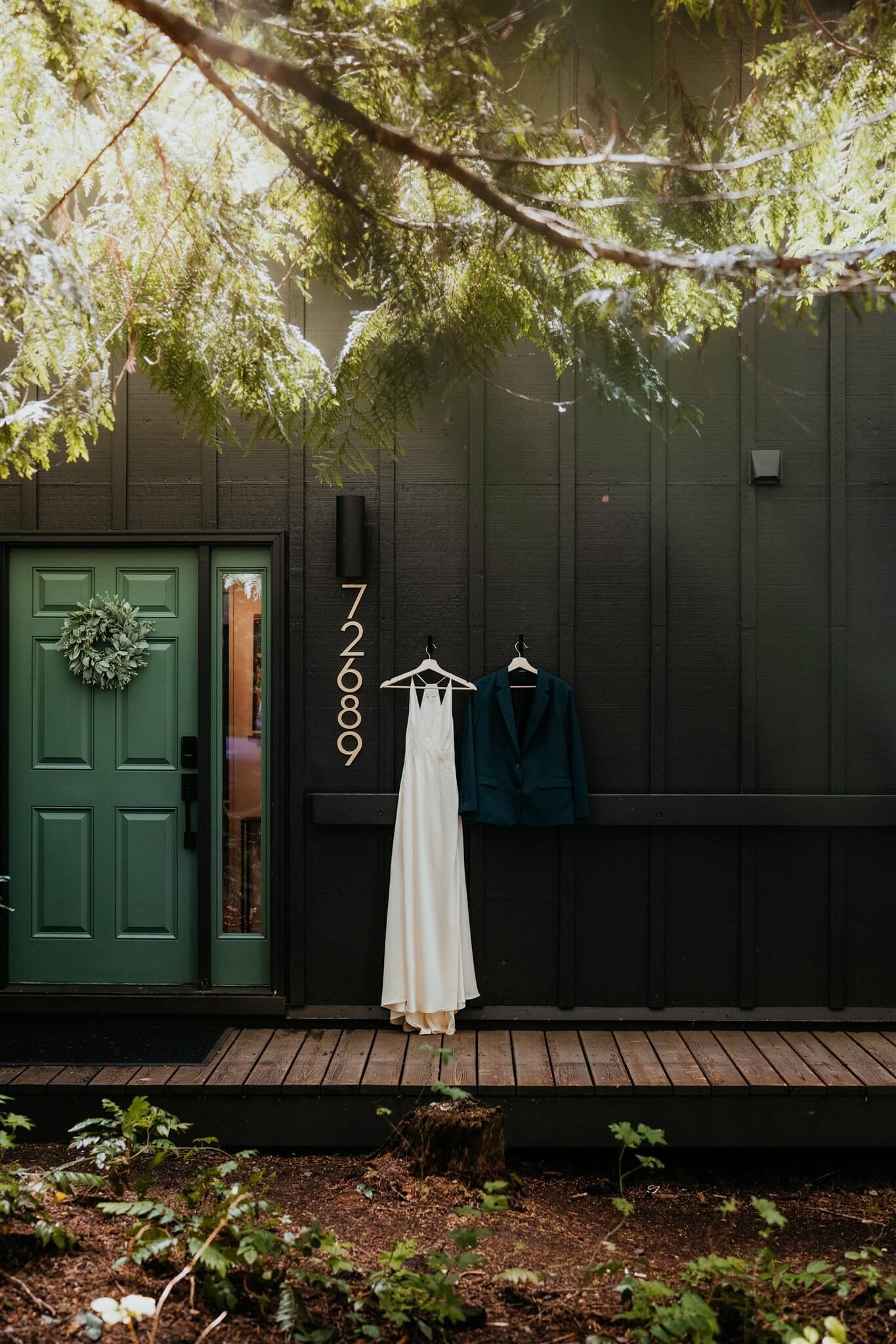 Mt Hood elopement dress and suit handing from airbnb cabin