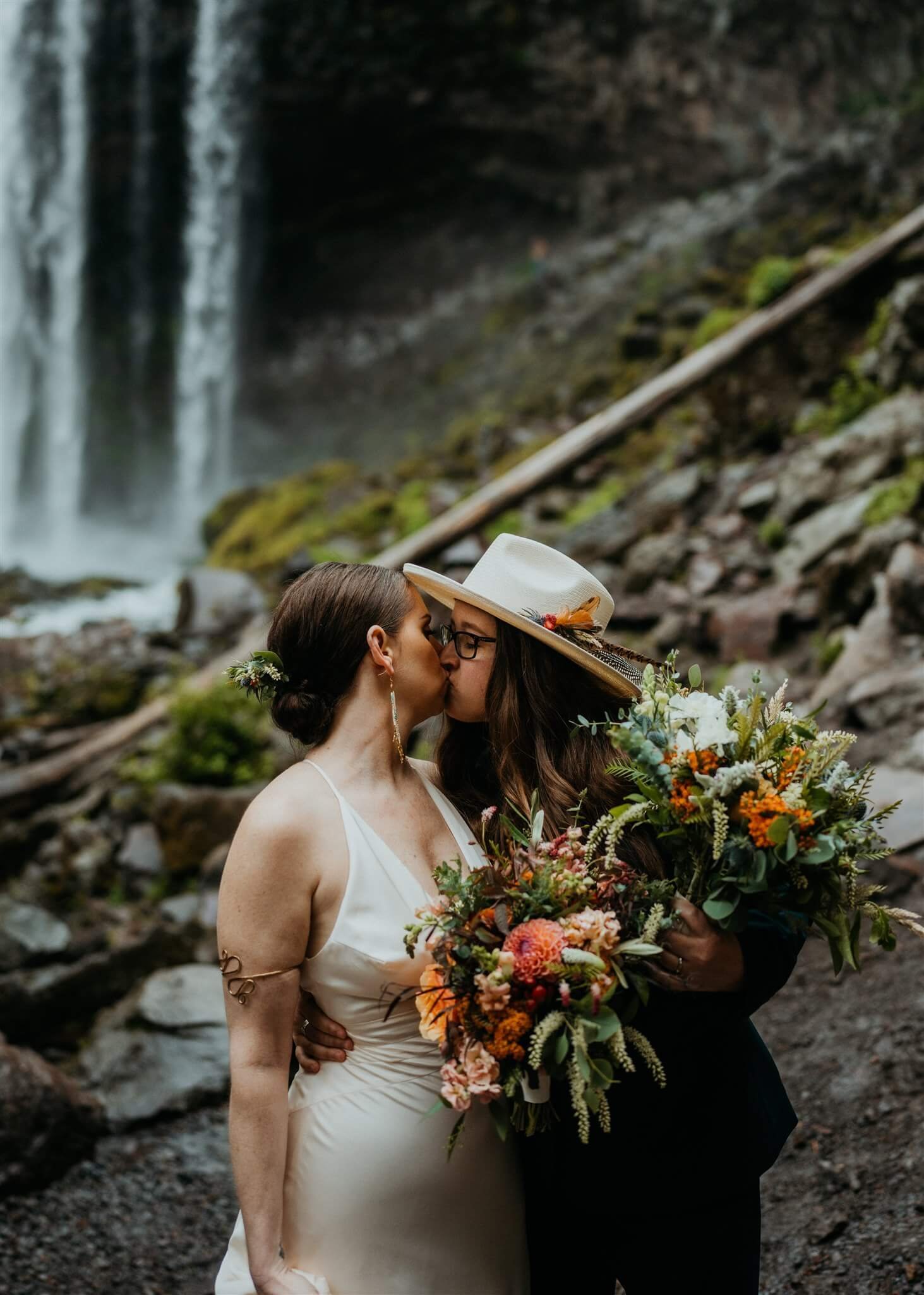 Bridal portraits during waterfall wedding in Mt Hood