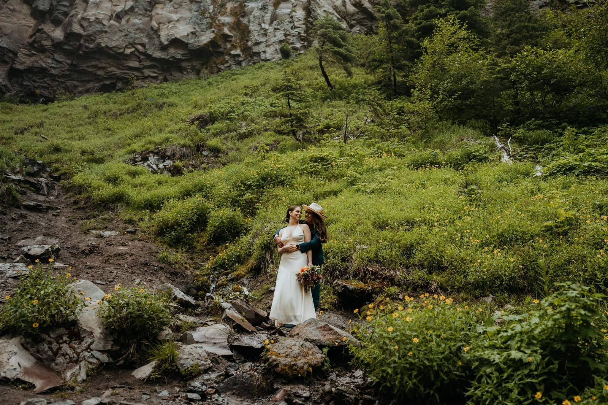 Bridal portraits at waterfall elopement in Mt Hood