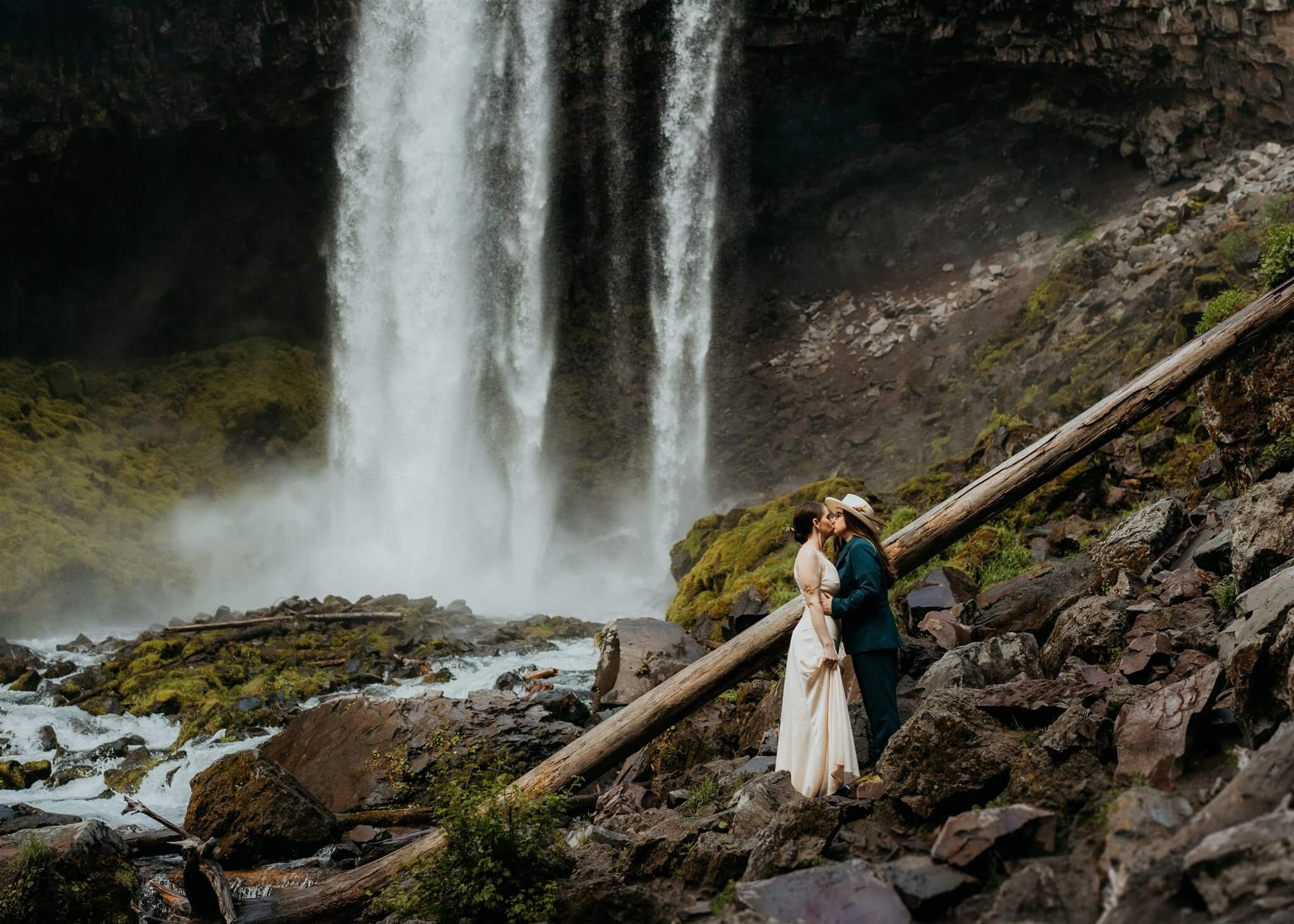 Bridal portraits during waterfall elopement at Mount Hood