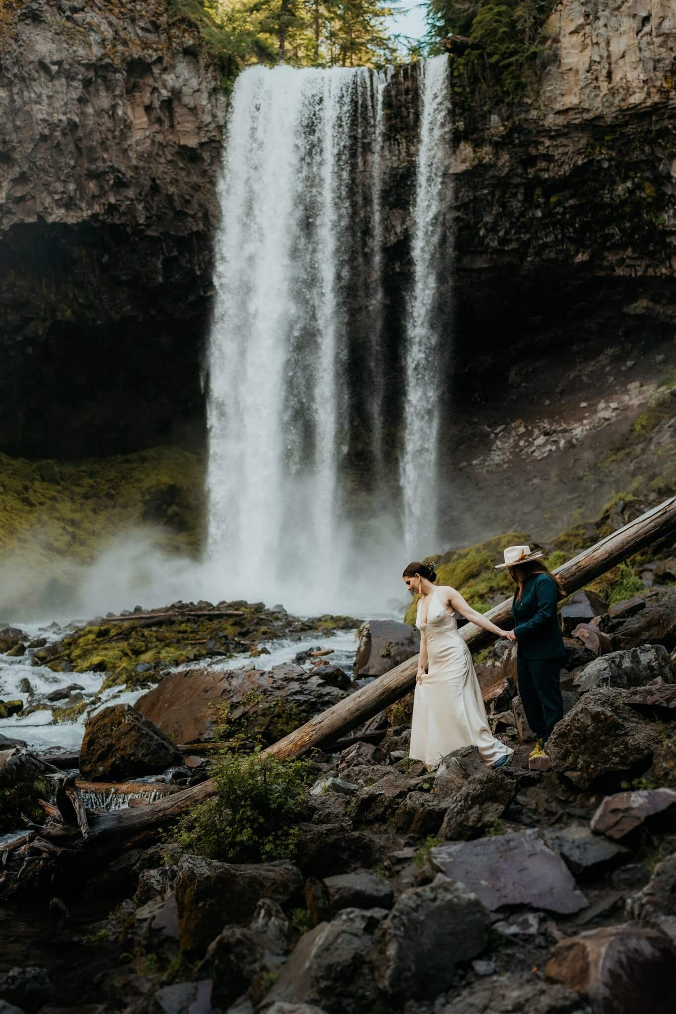 Bridal portraits during waterfall elopement at Mt Hood