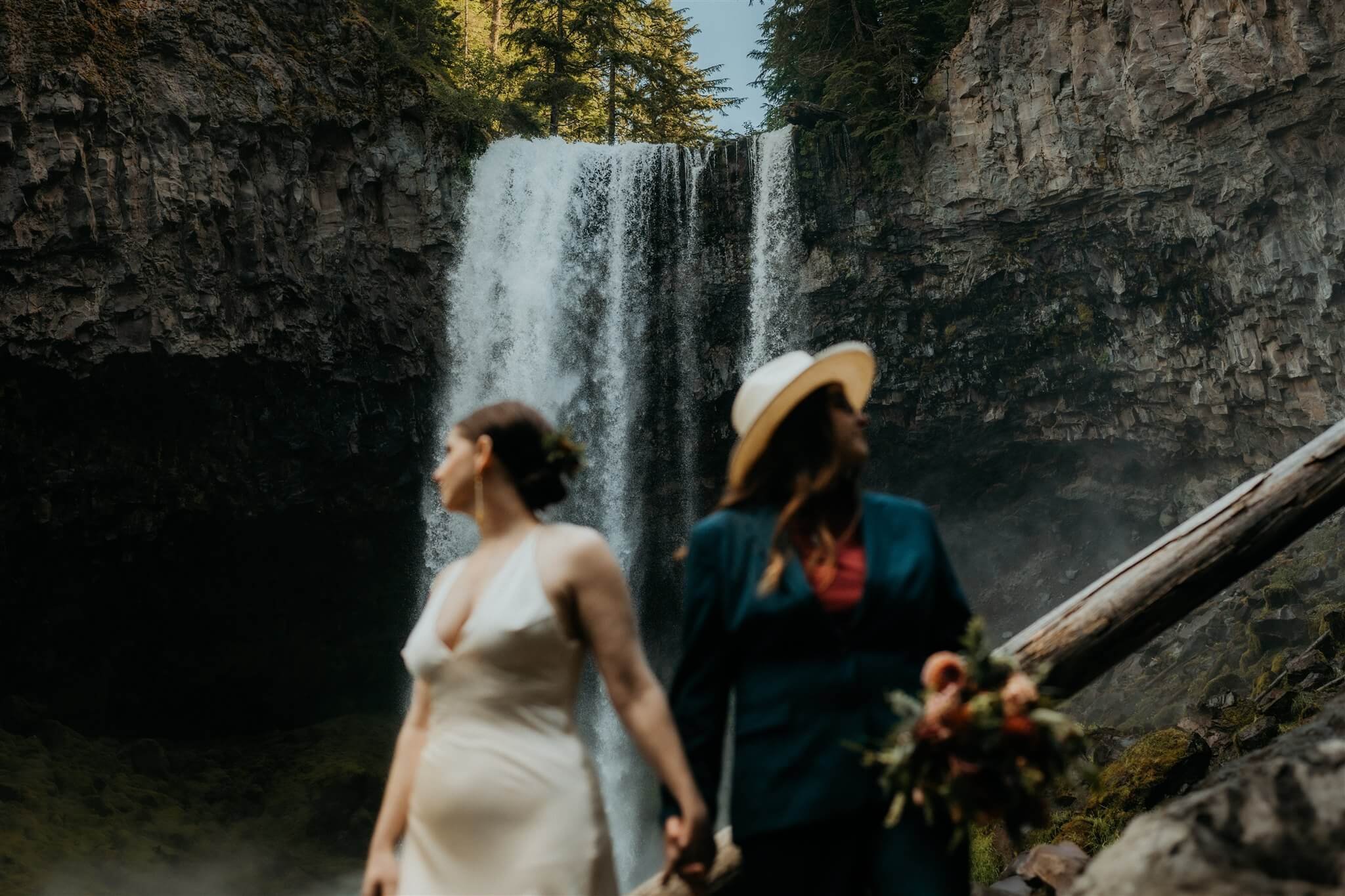 Bridal portraits during waterfall elopement at Mt Hood