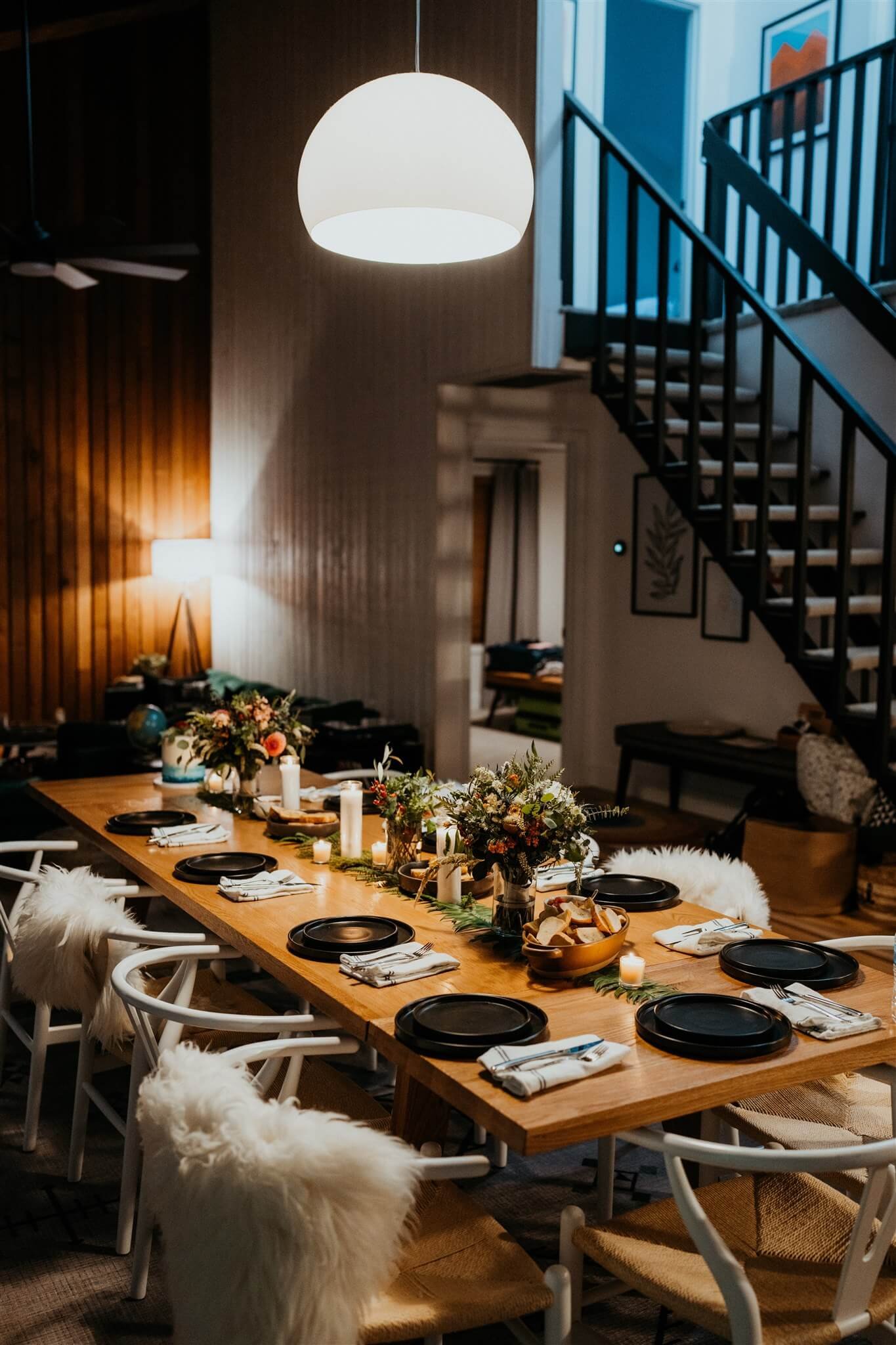 Intimate wedding reception dinner at Airbnb cabin