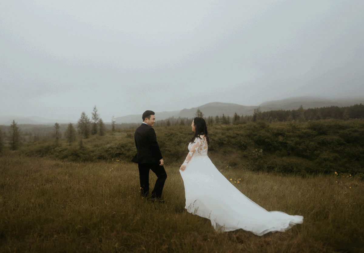 Bride and groom first look at their elopement in Iceland