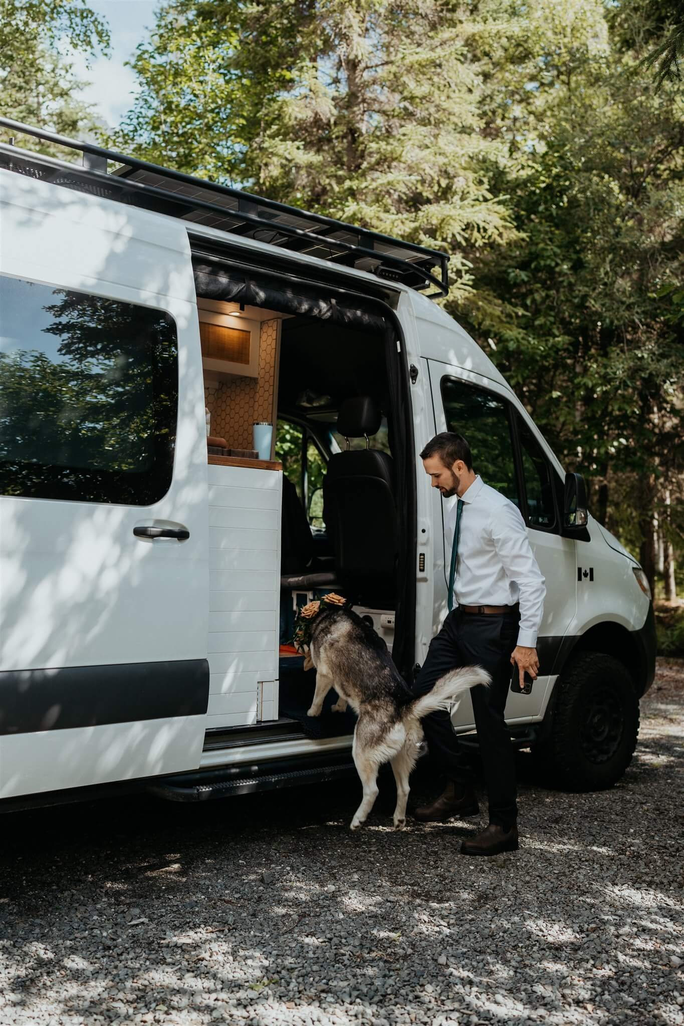 Husky climbs into camper van with groom for Alaska glacier elopement