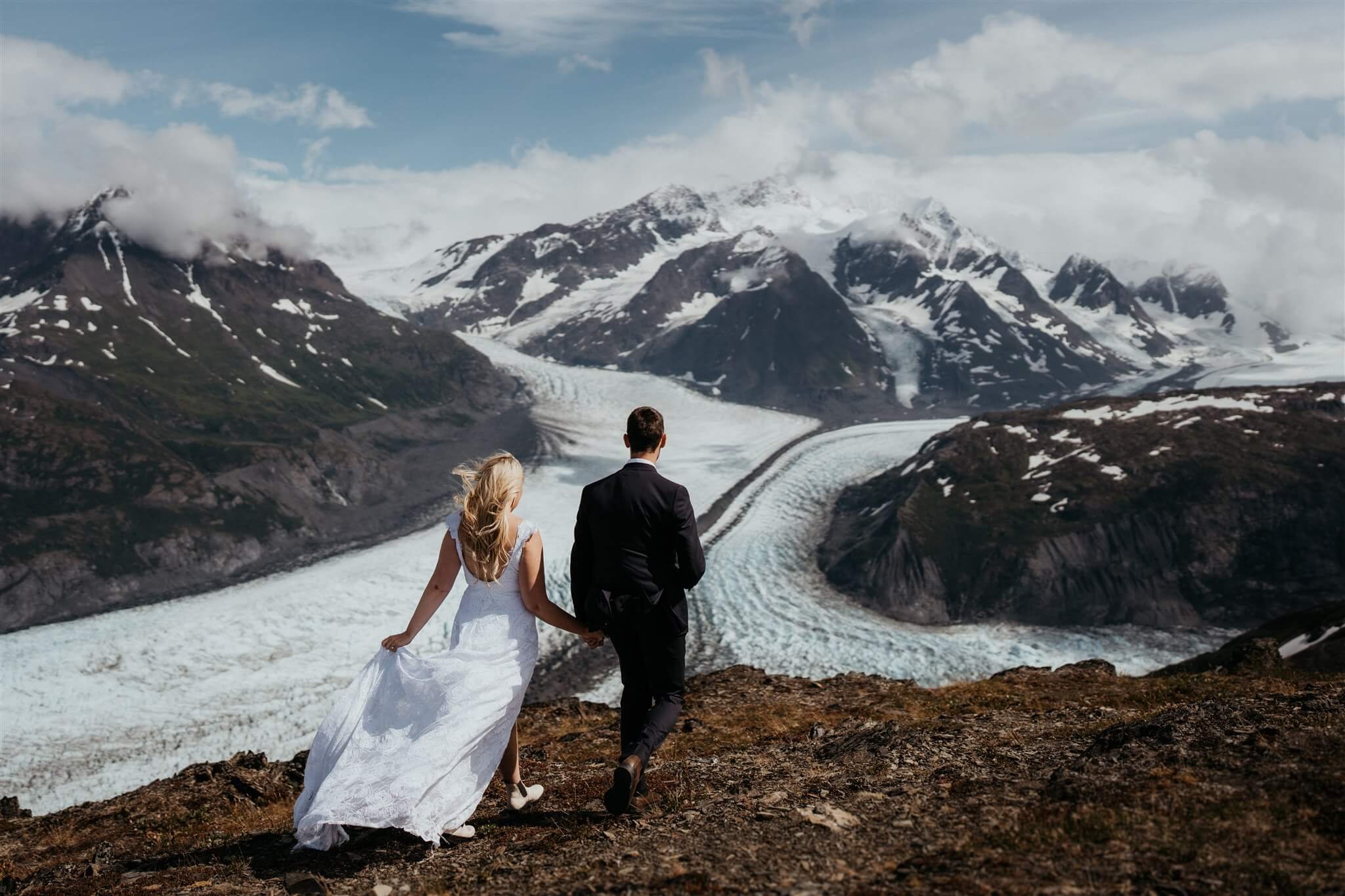 Bride and groom couple portraits during their glacier elopement in Alaska