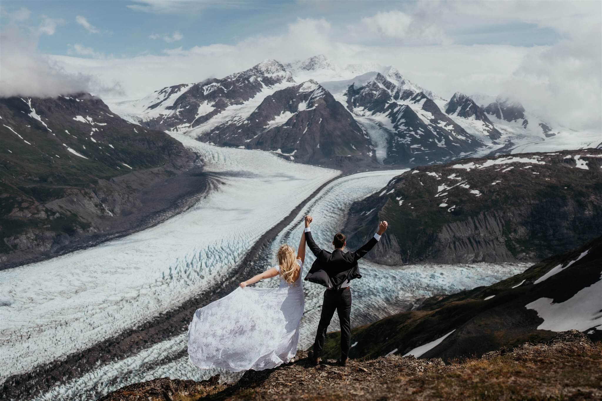 Bride and groom couple portraits during their glacier elopement in Alaska