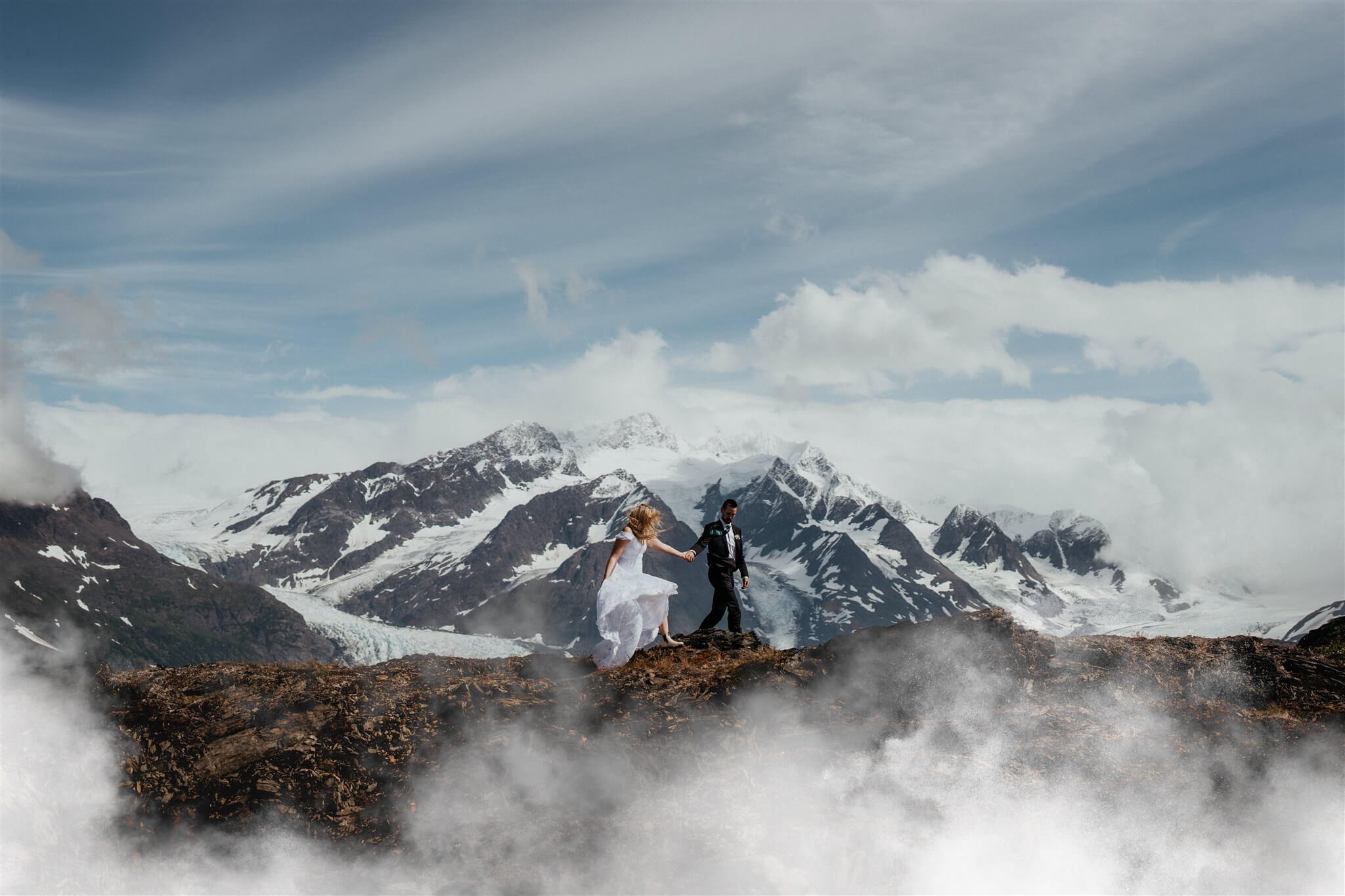 Bride and groom couple portraits during their glacier elopement in Alaska