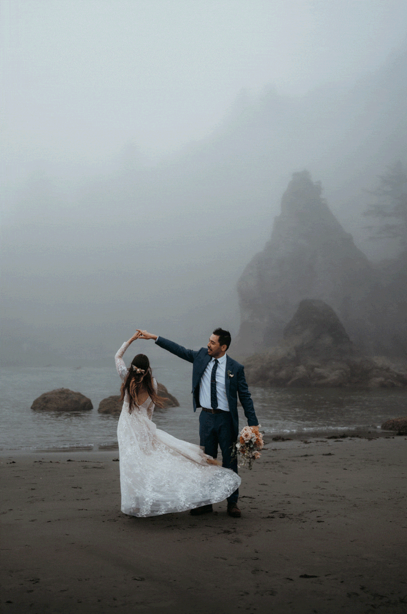 Bride and groom dancing on La Push Beach after eloping with family