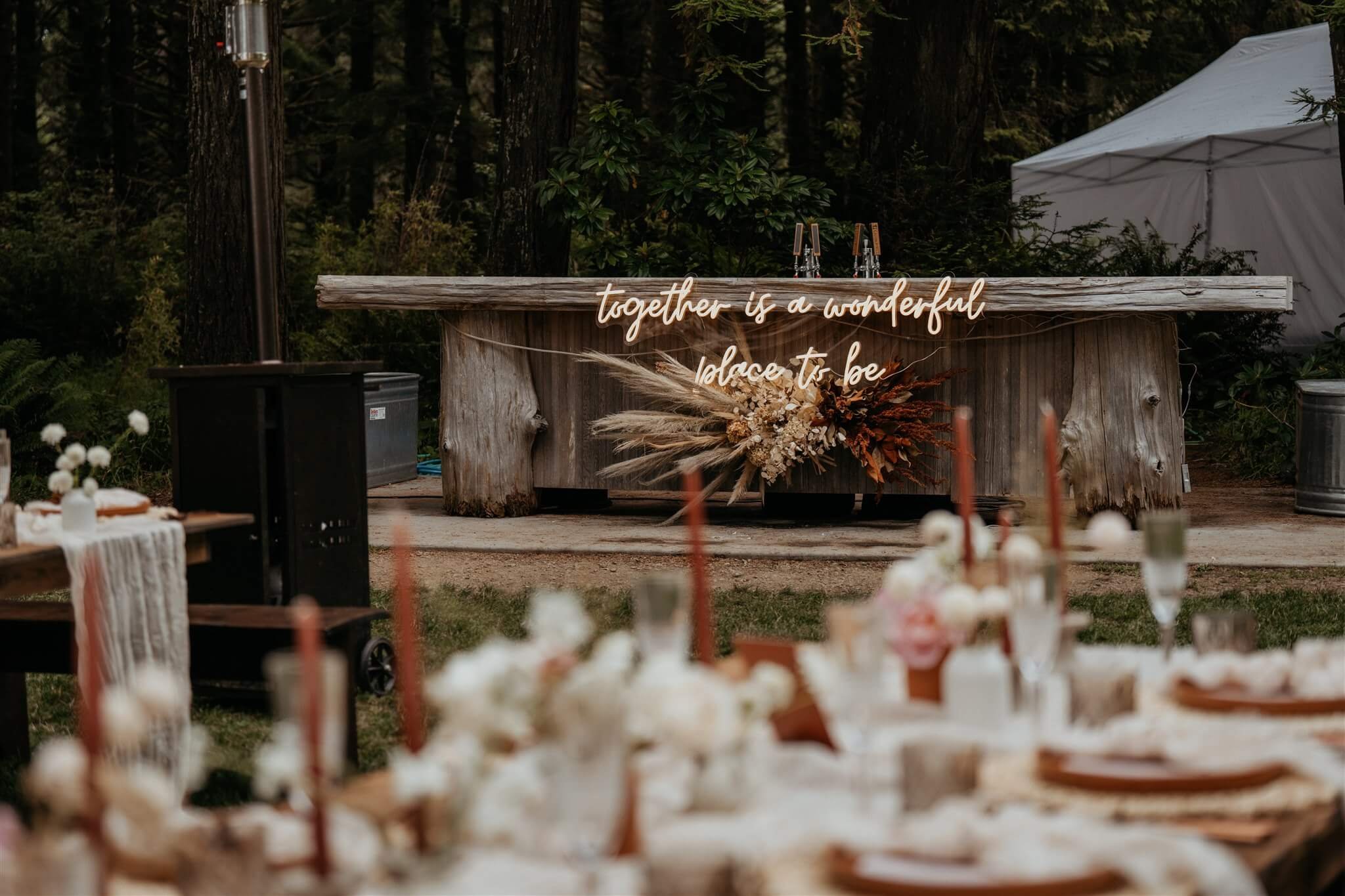 Wedding reception setup at two day wedding on the Oregon Coast