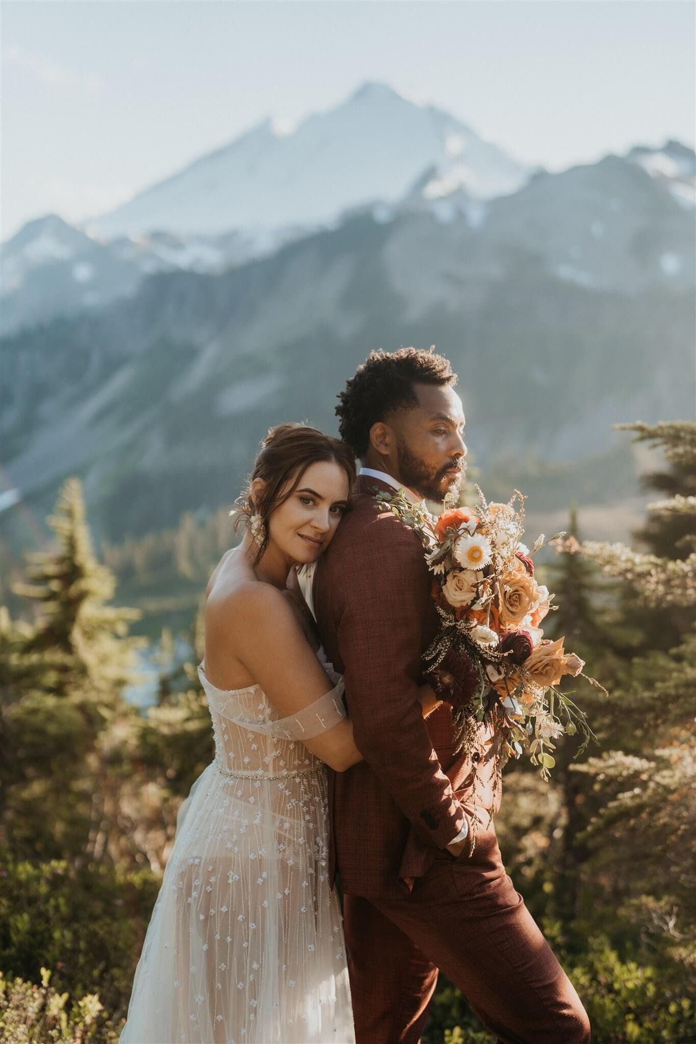 Bride and groom portrait photos at Mt Baker elopement