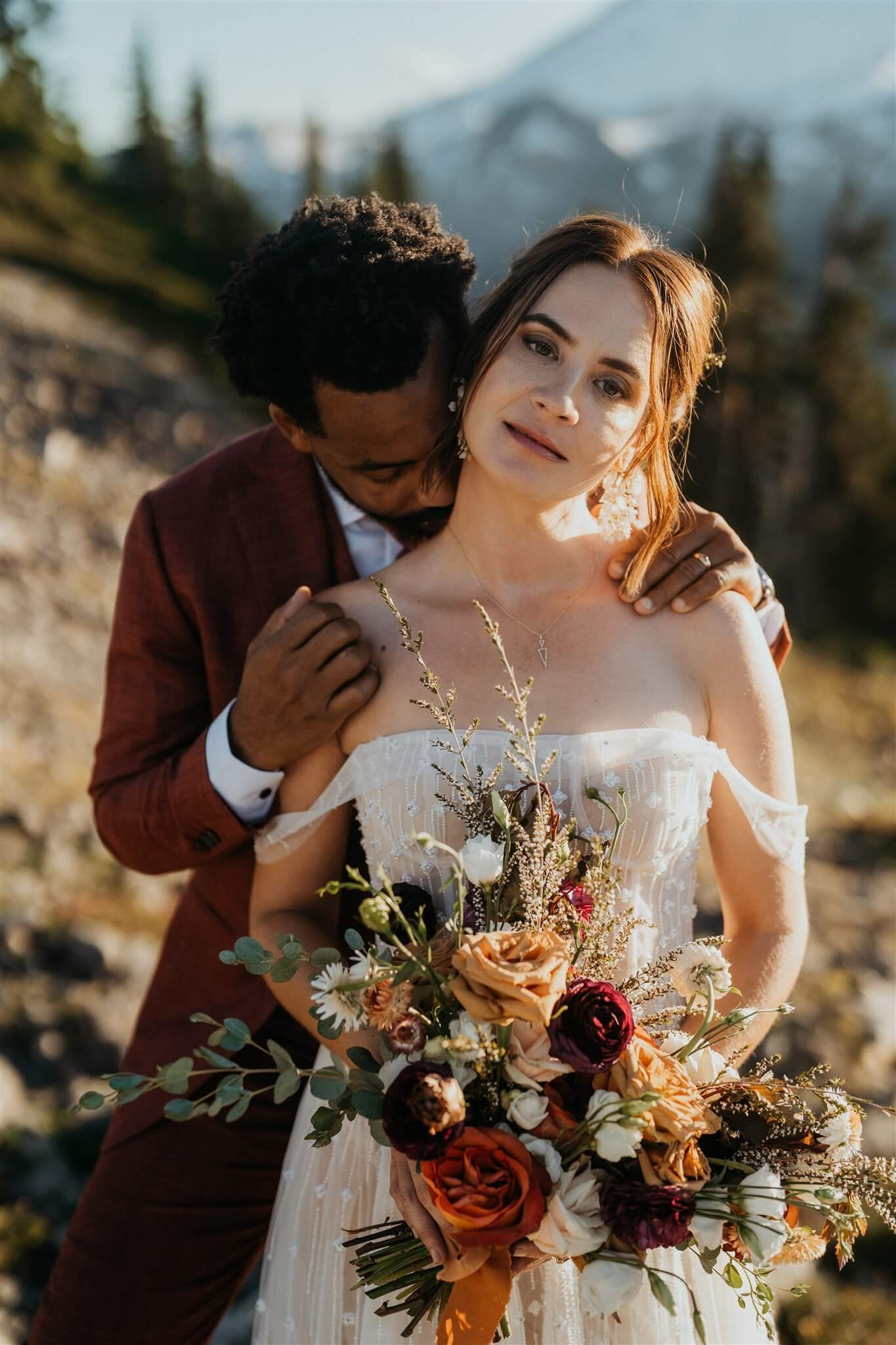 Bride and groom portrait photos at mountain elopement in Washington
