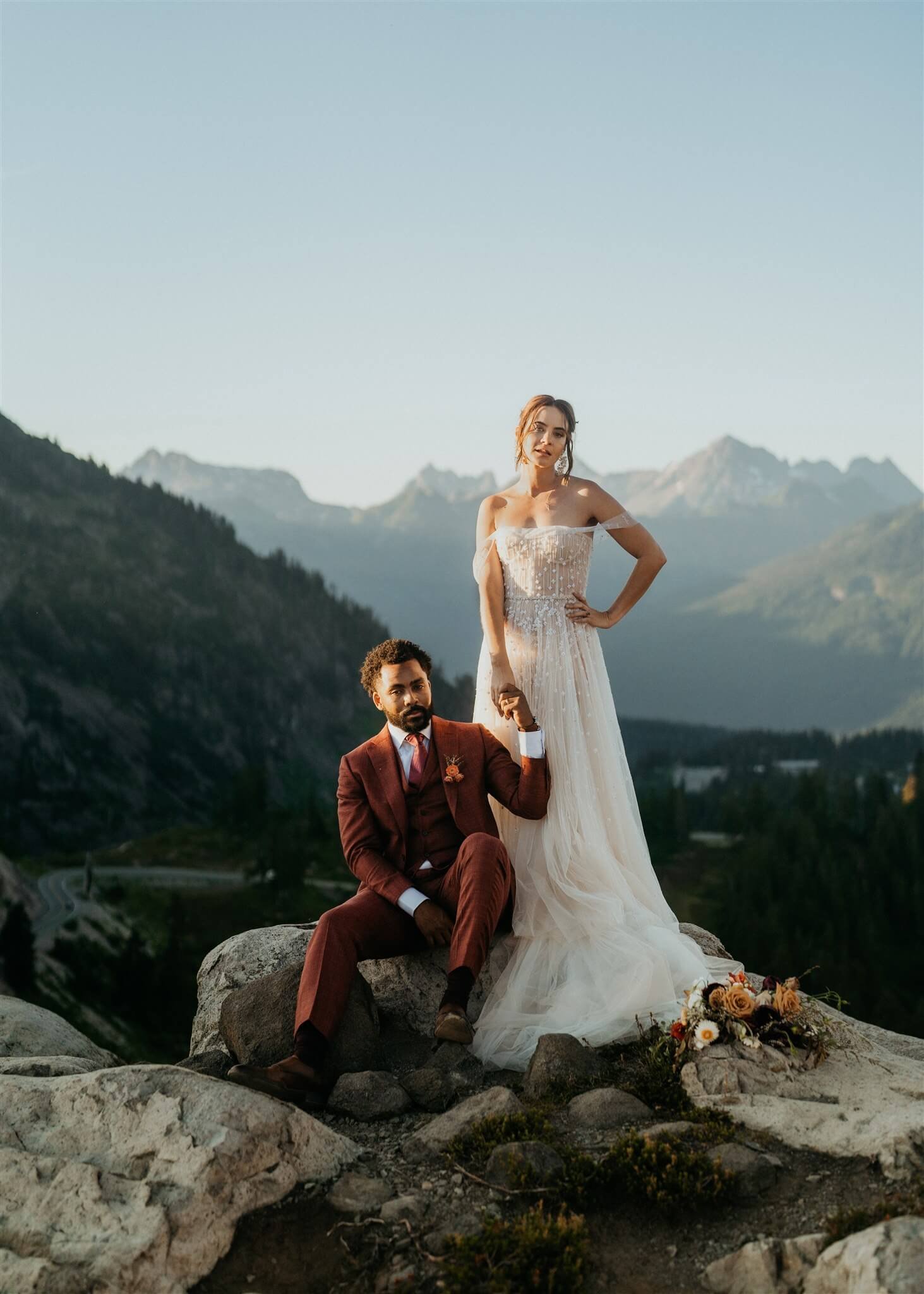 Bride and groom portrait photos at mountain elopement in Washington