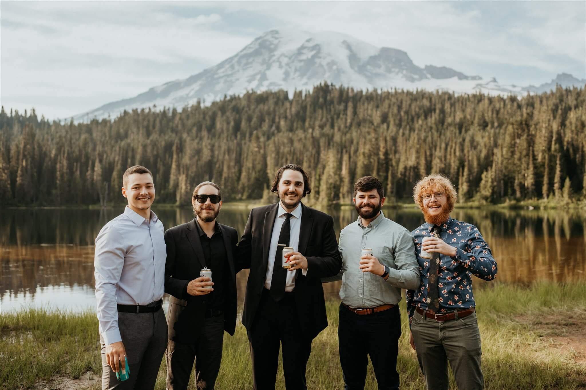 Groom with friends at Mt Rainier elopement