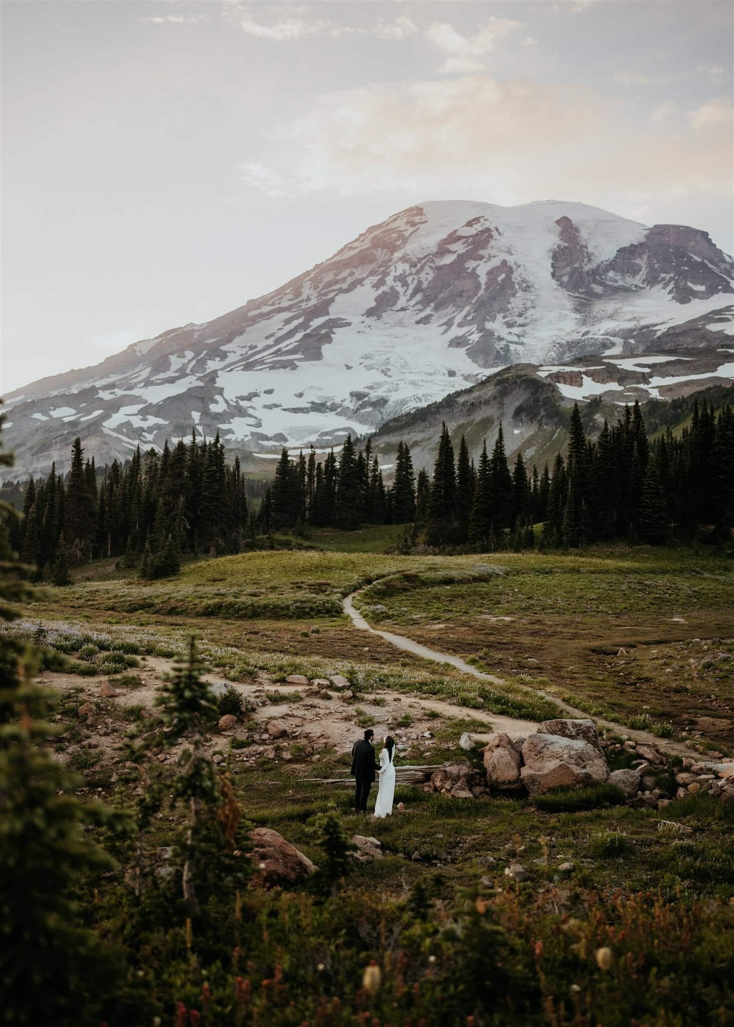 Sunset couple photos at Mount Rainier elopement