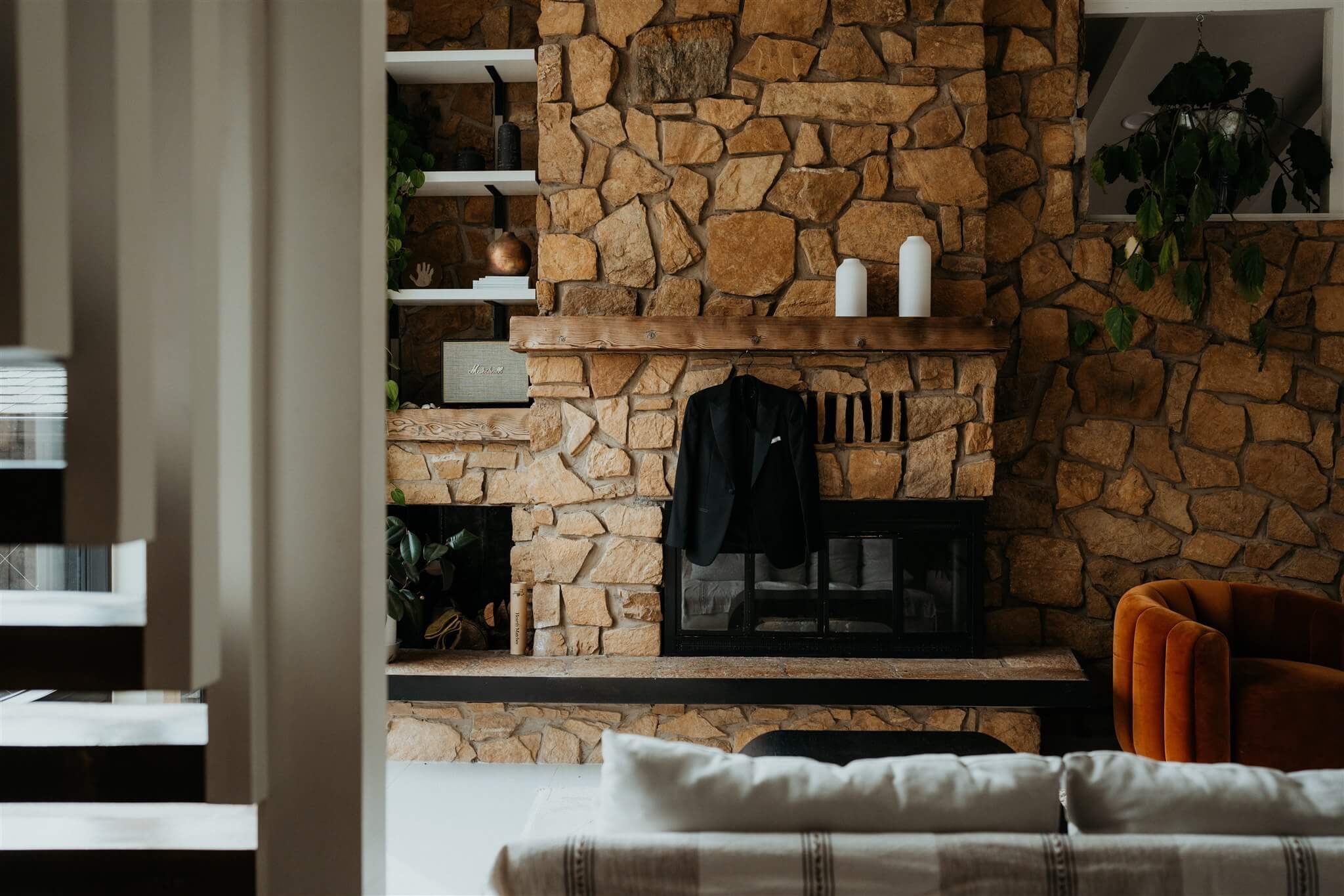 Airbnb living room with stone fire place in the North Cascades