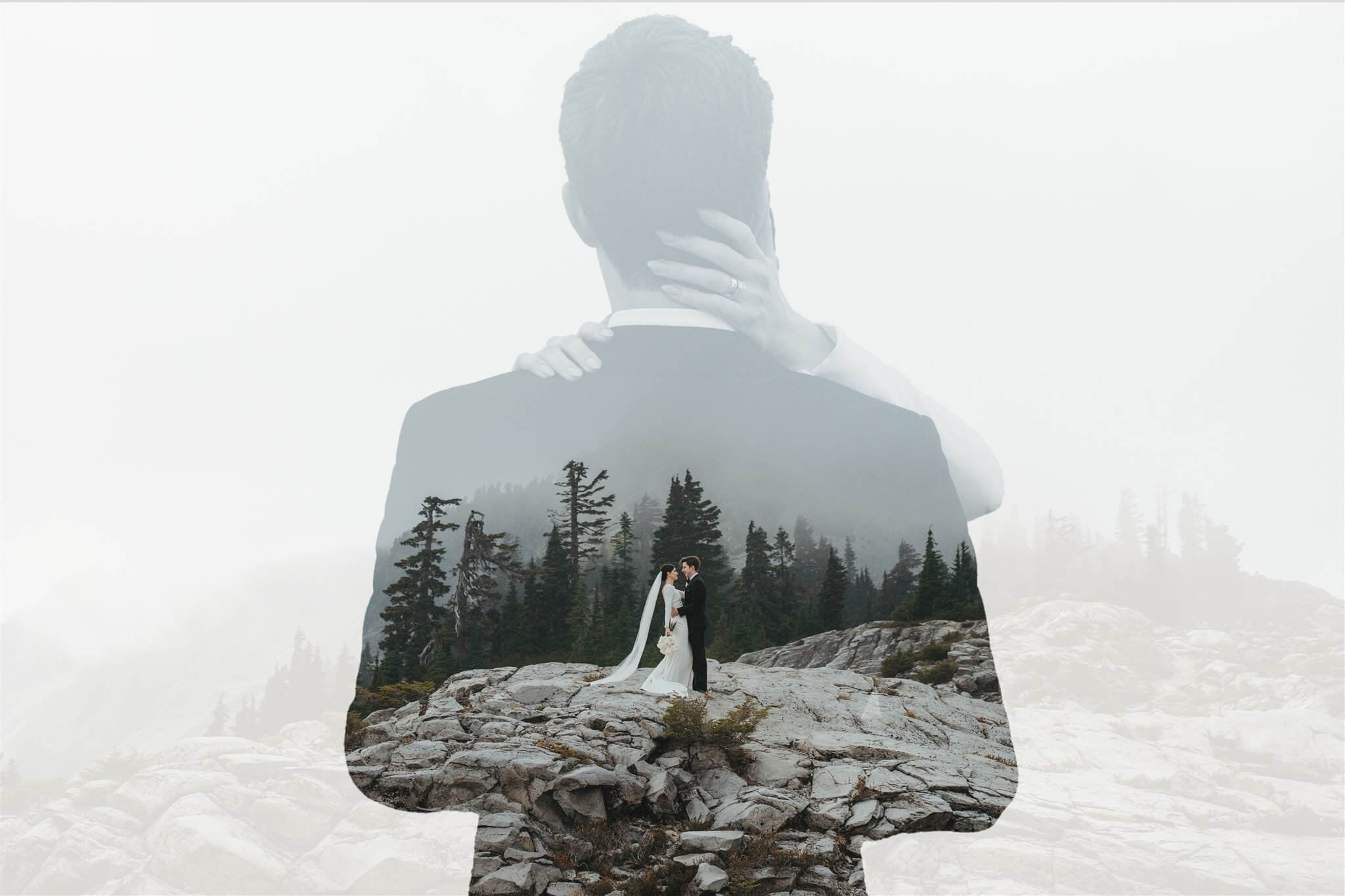 Bride and groom portraits during foggy Artist Point elopement