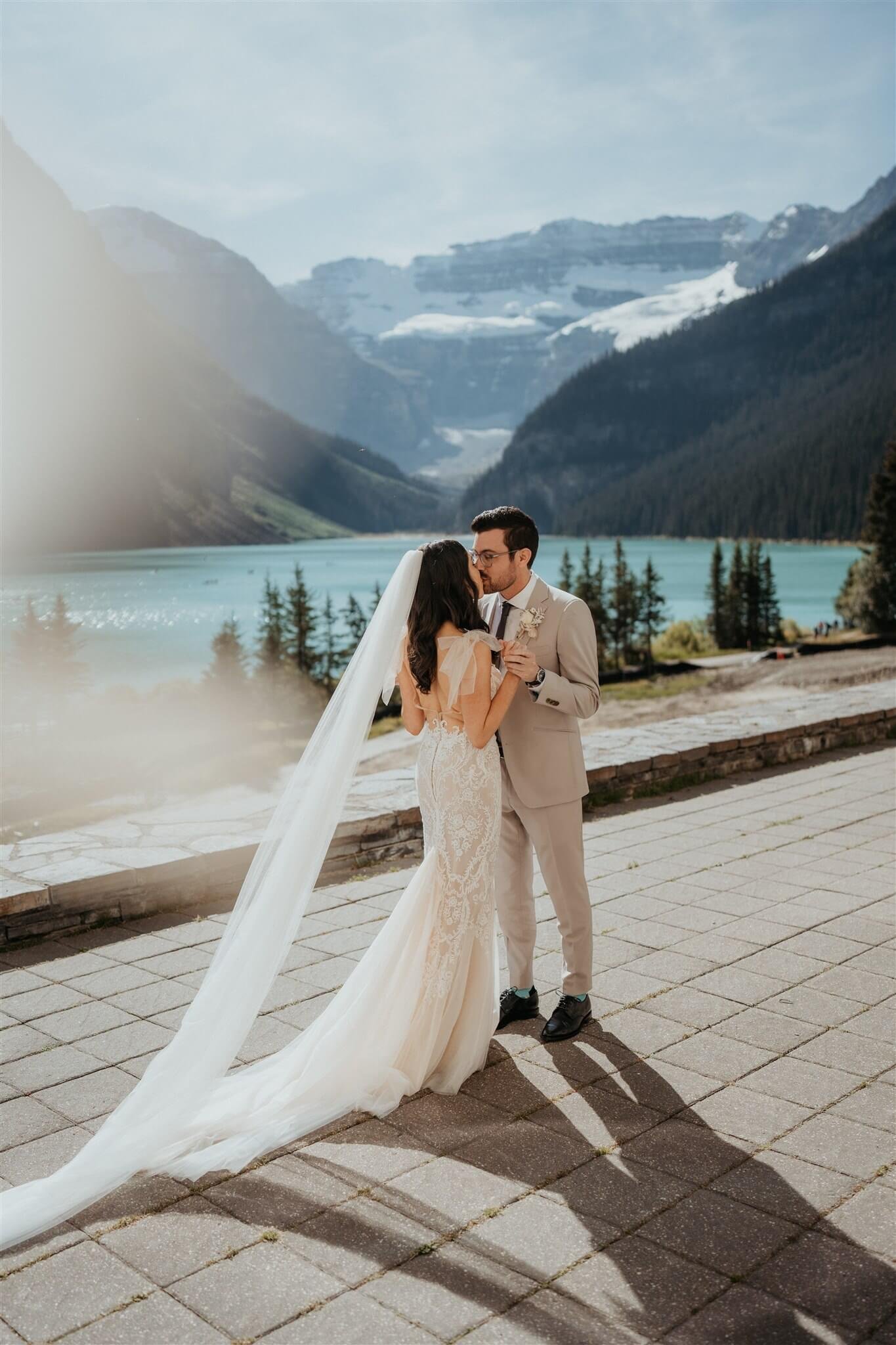 Bride and groom first look outside the Fairmont Chateau Lake Louise 