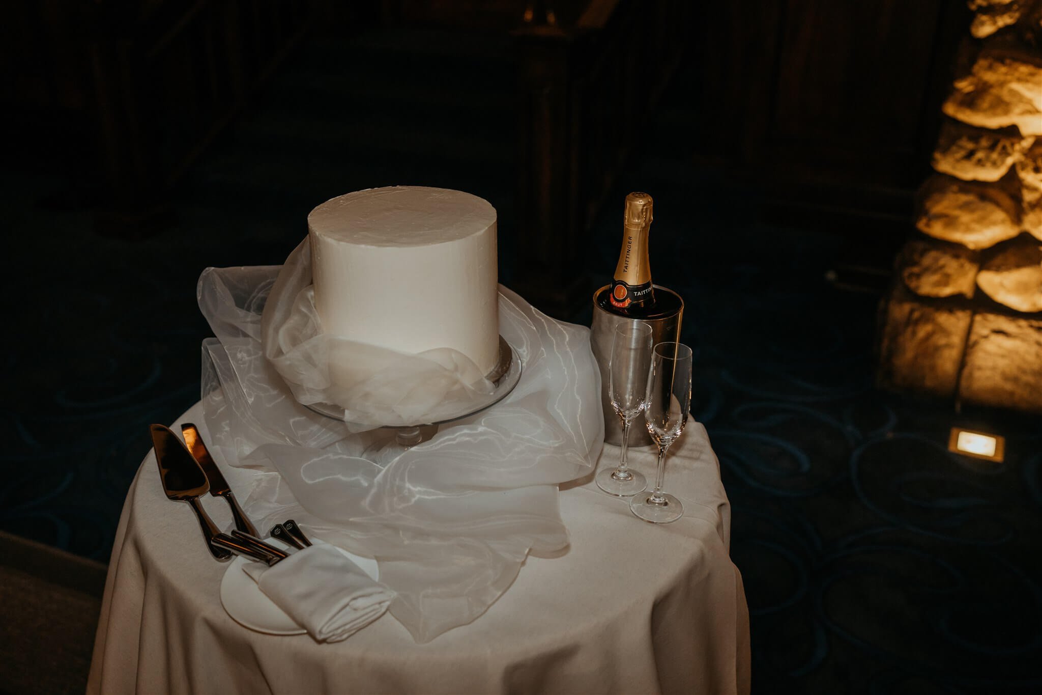 White wedding cake at Lake Louise wedding 