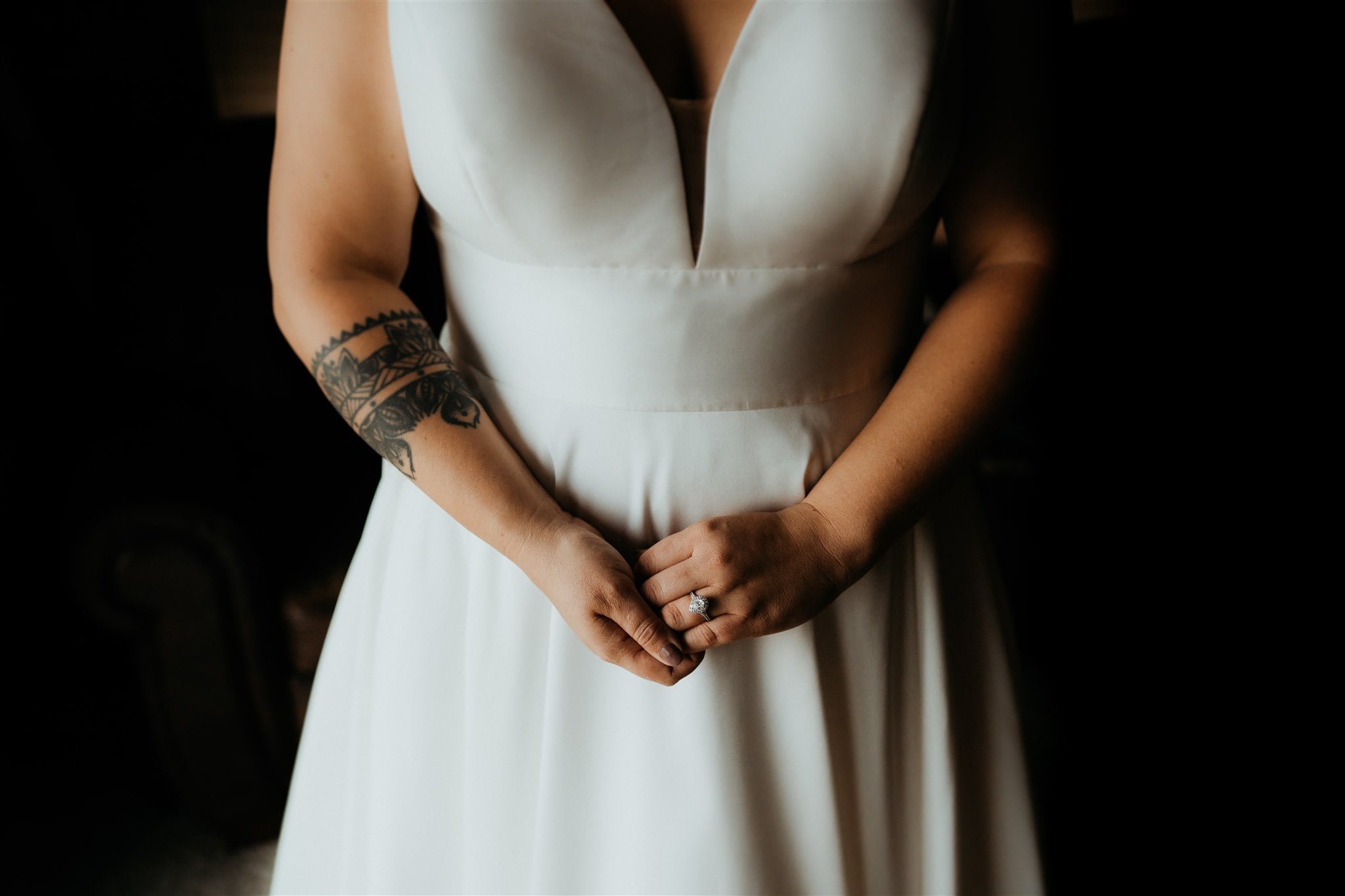 Bride wearing a-line white wedding dress