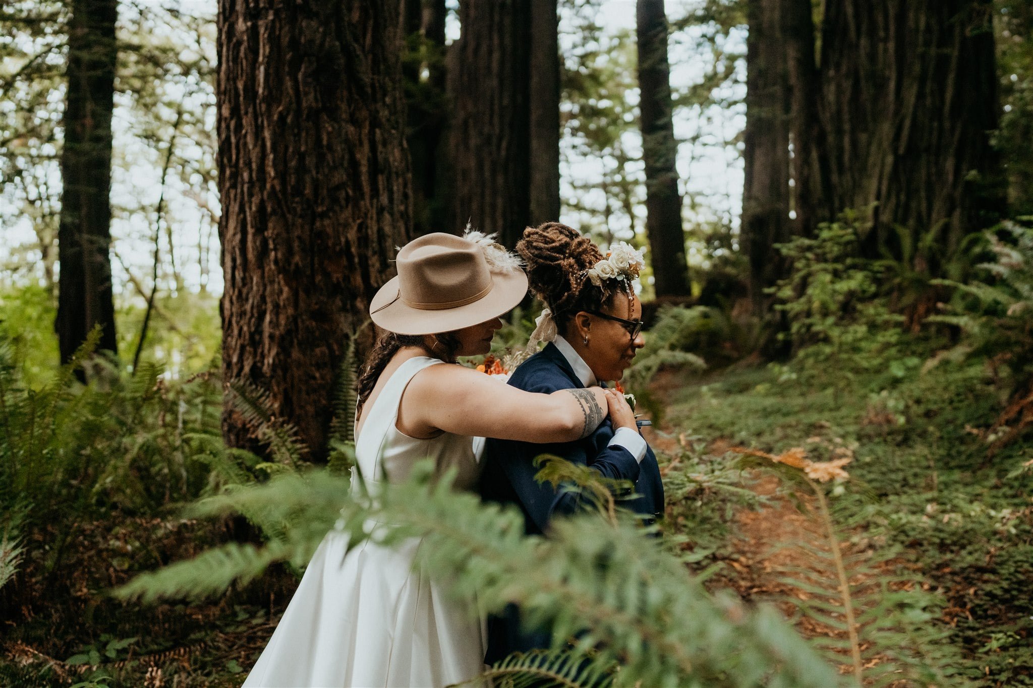 Bride and bride first look at Oregon forest elopement