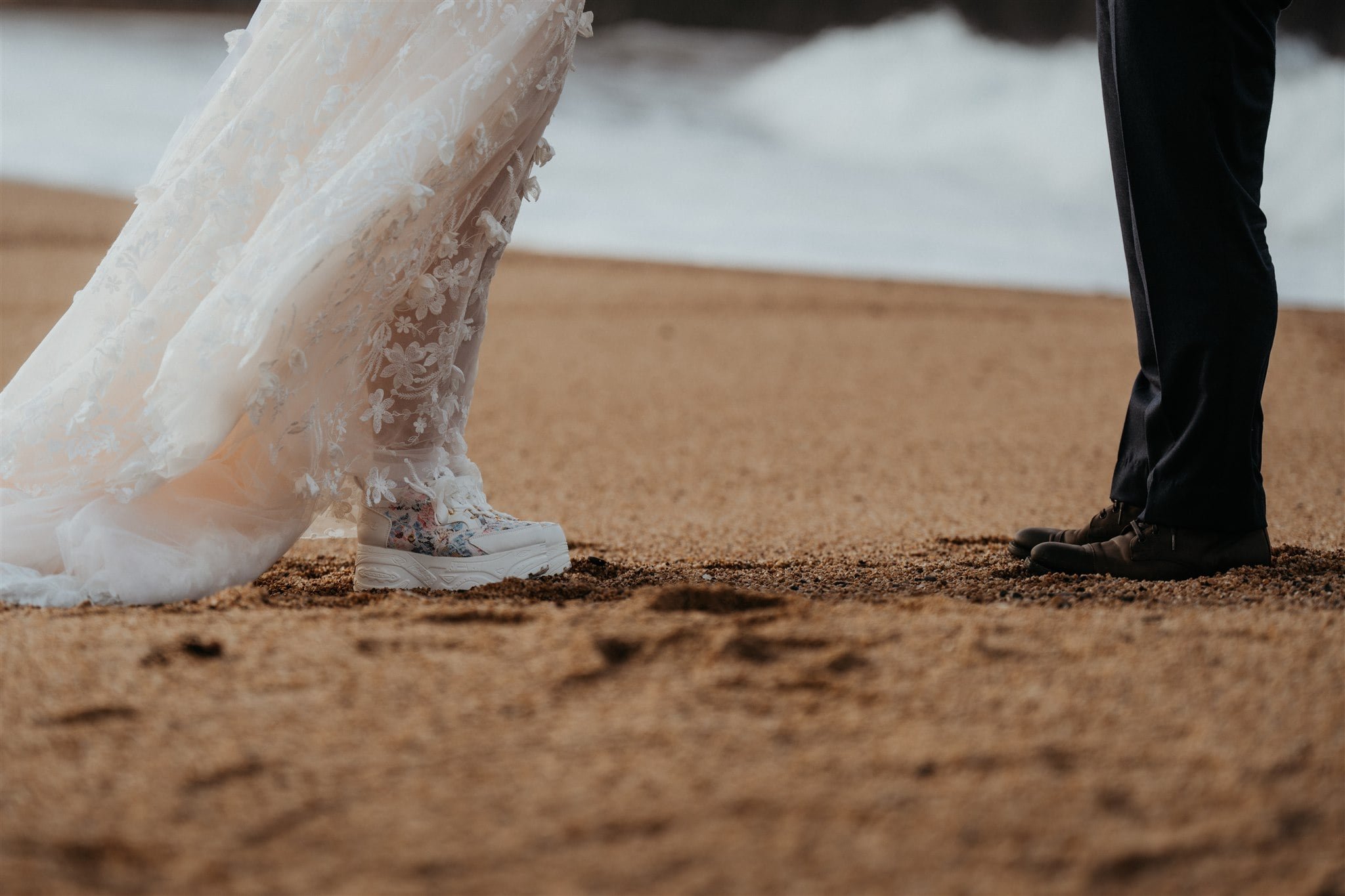 Bride wearing Yosuke wedding shoes during beach elopement in Japan