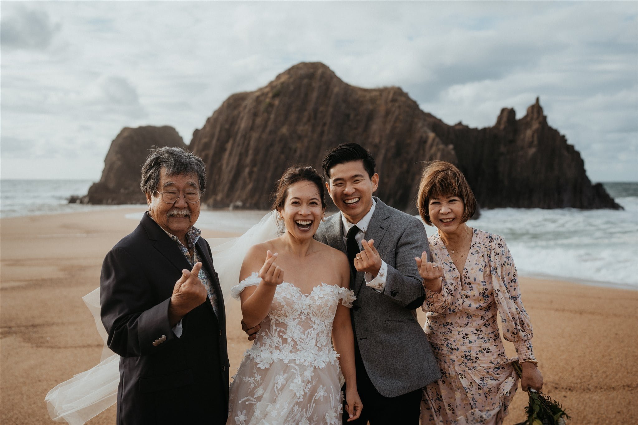 Bride and groom family portraits on the beach in Kyoto