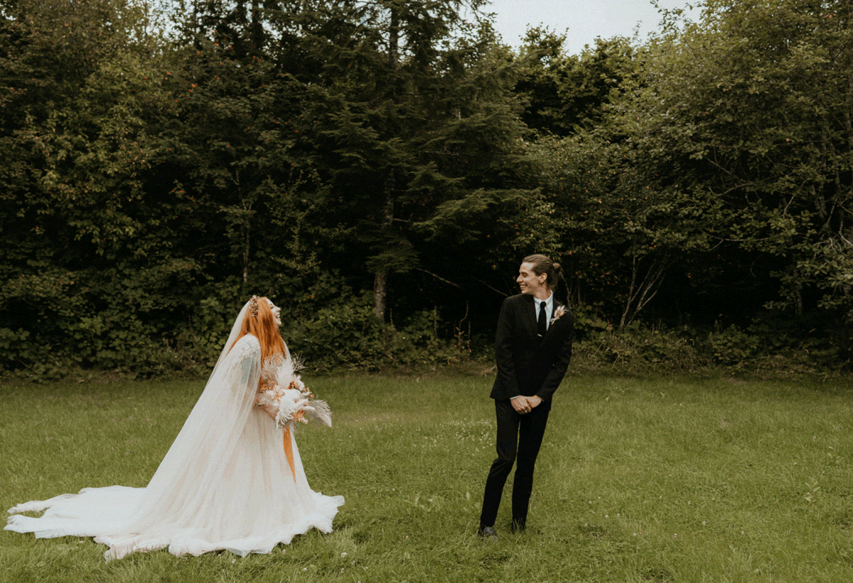 Bride and groom reactions during wedding first look