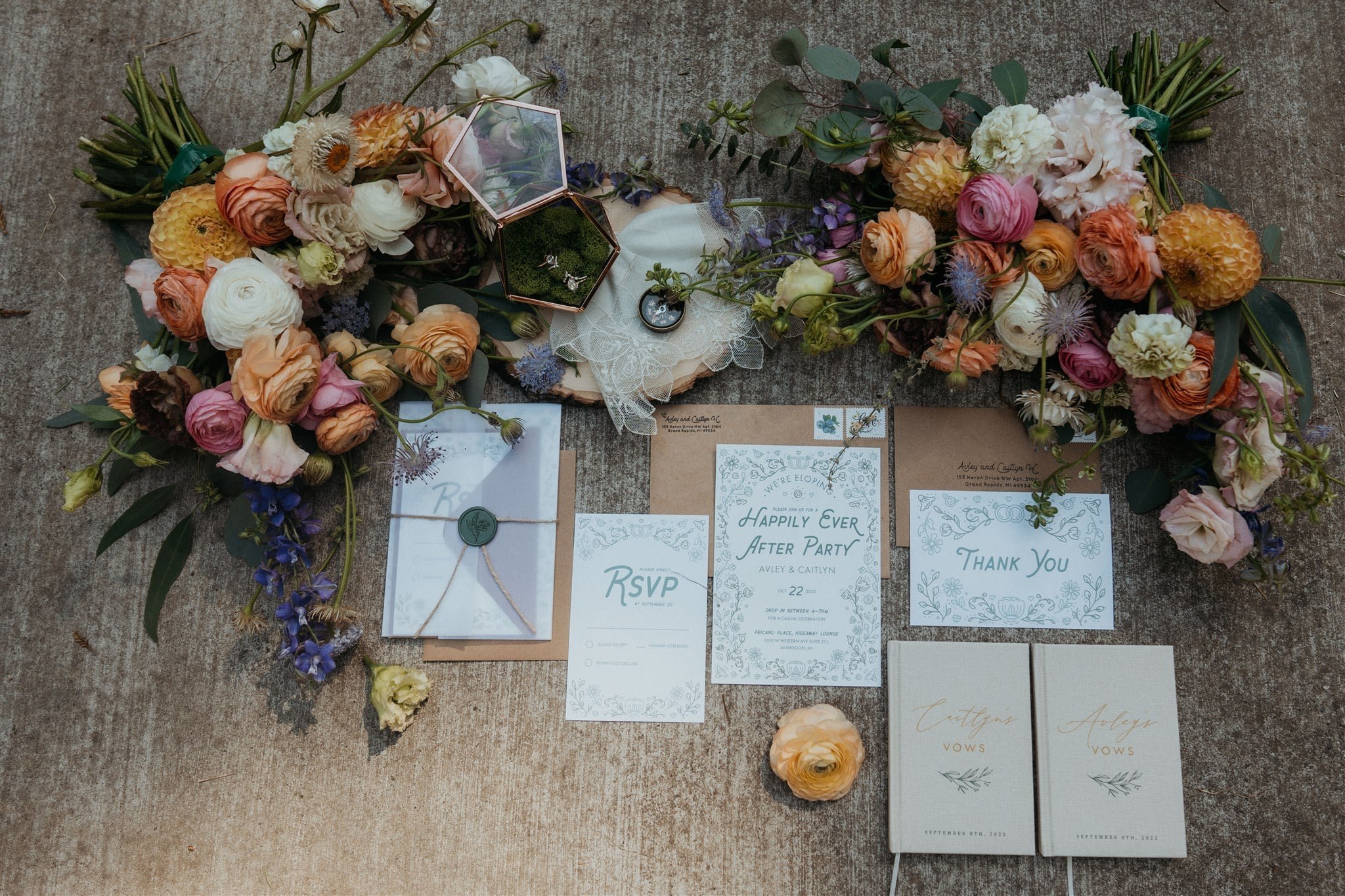 Colorful wedding flowers and details at Secret Beach, Oregon elopement