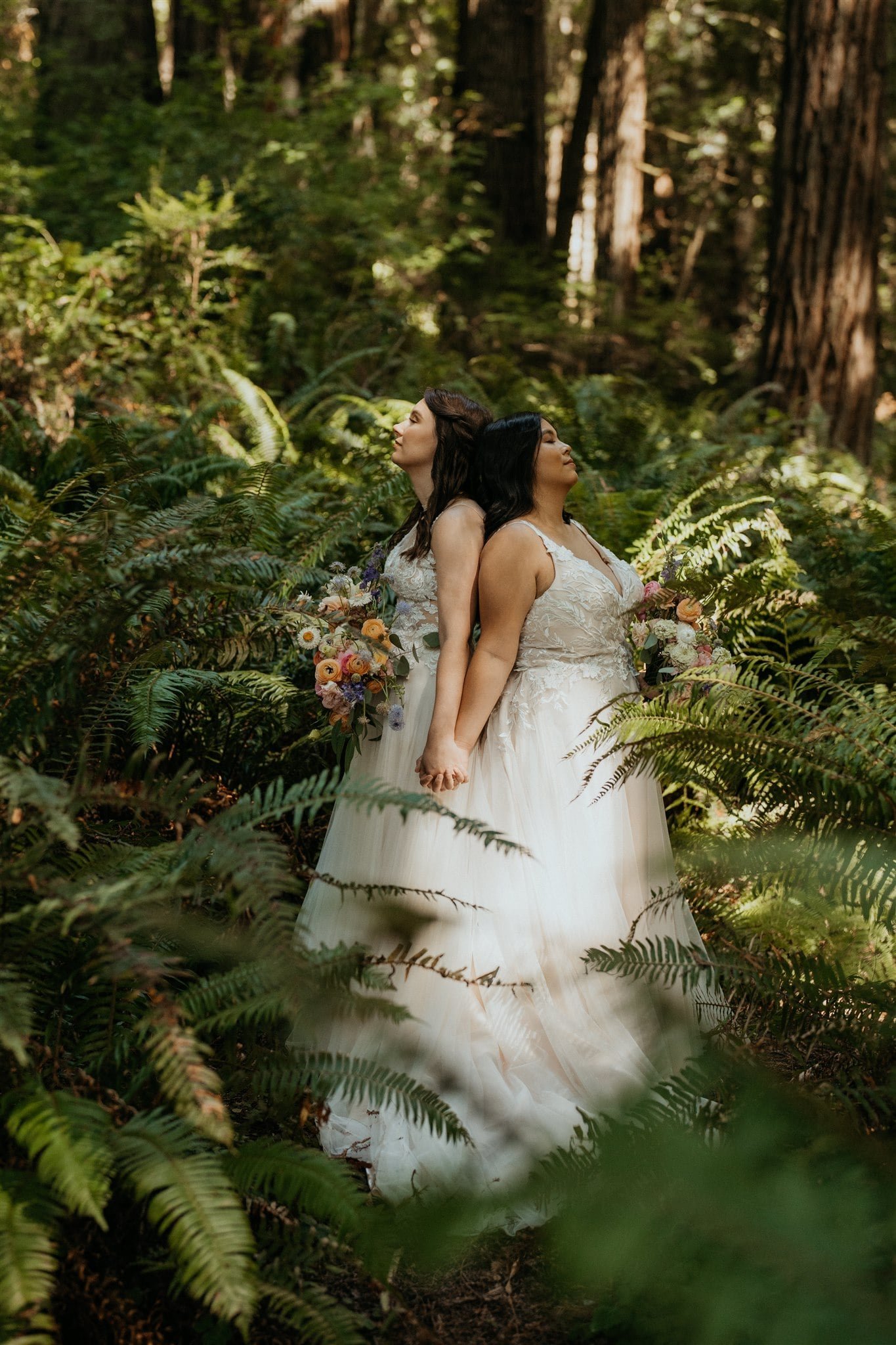 Bridal couple portraits in the forest on the Oregon Coast