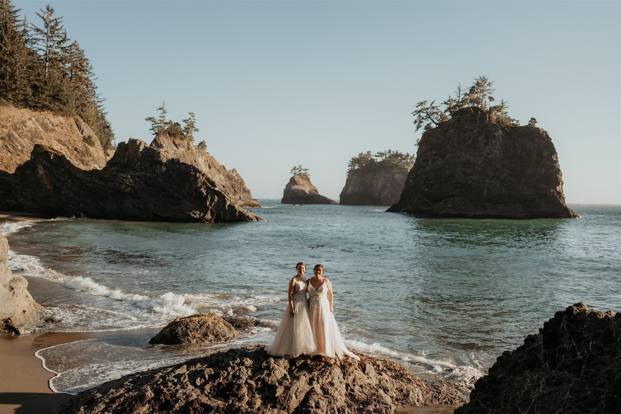 Sunset bridal portraits on the beach during Secret Beach, Oregon elopement