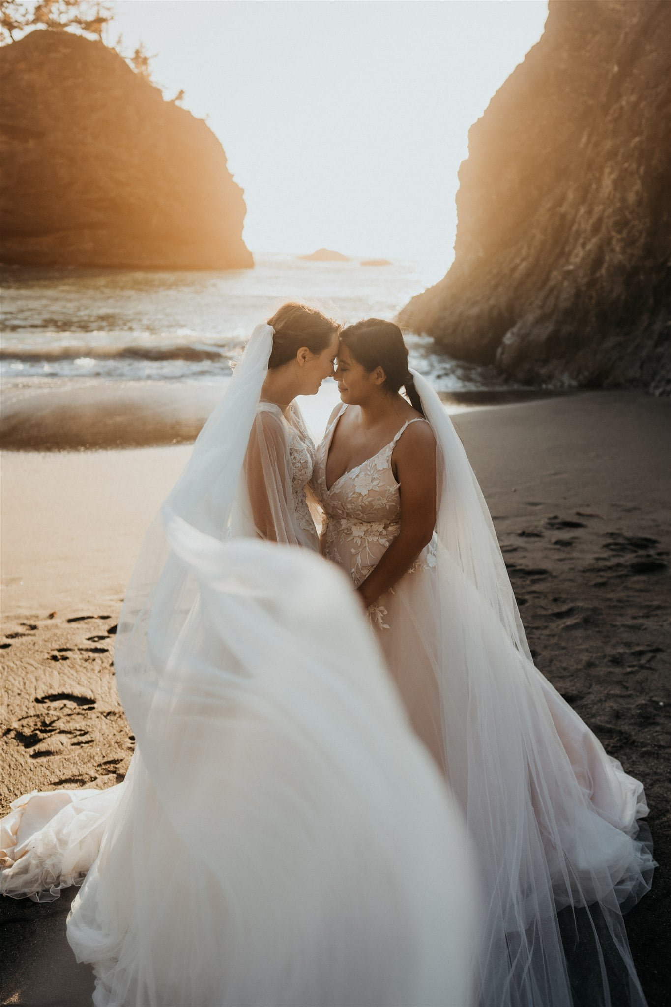 Sunset bridal portraits on the beach during Secret Beach, Oregon elopement