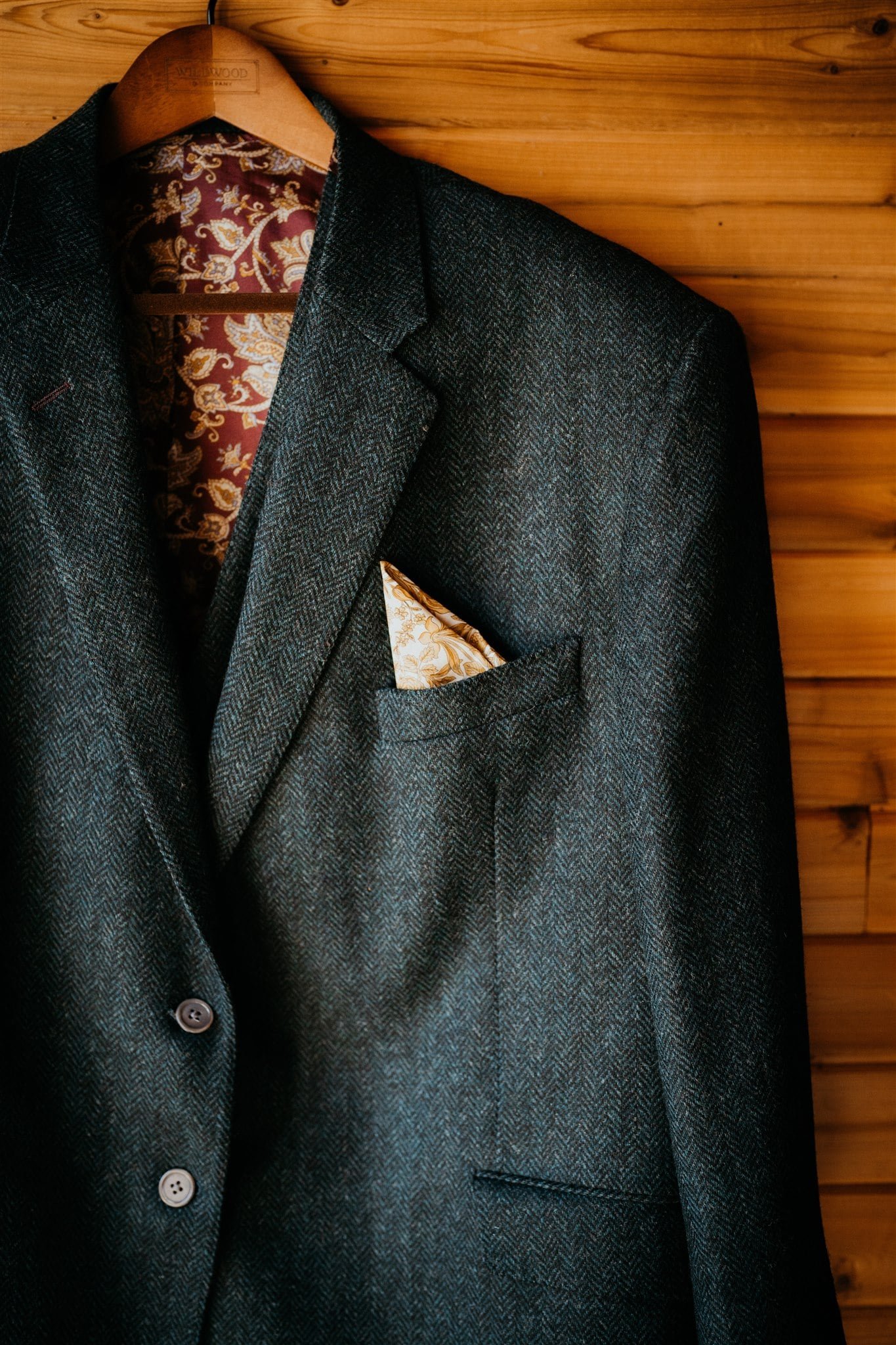 Gray wedding suit with paisley lining and handkerchief