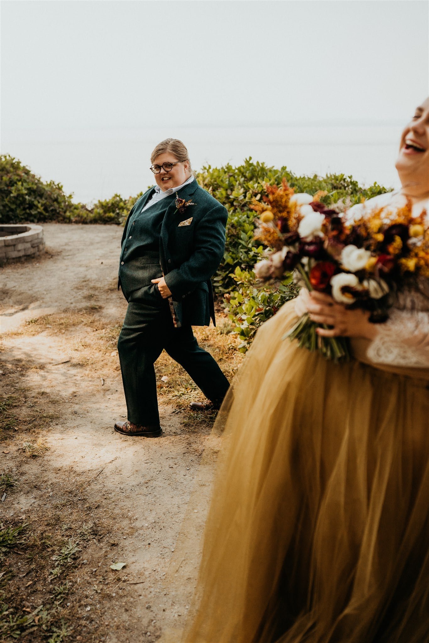 Bride shows off her elopement suit after wedding first look at Olympic National Park