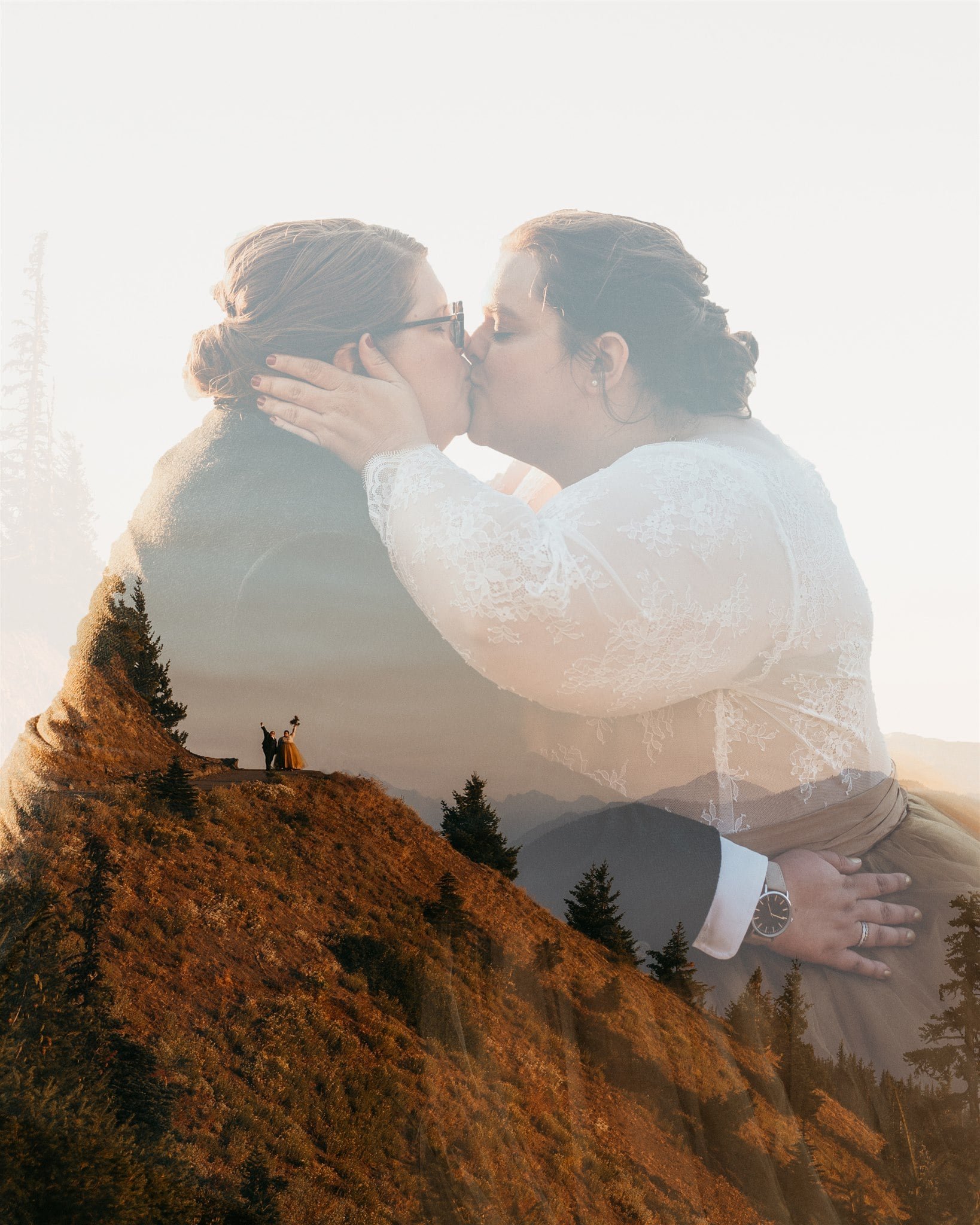 Brides kiss during sunset portraits at Olympic National Park elopement