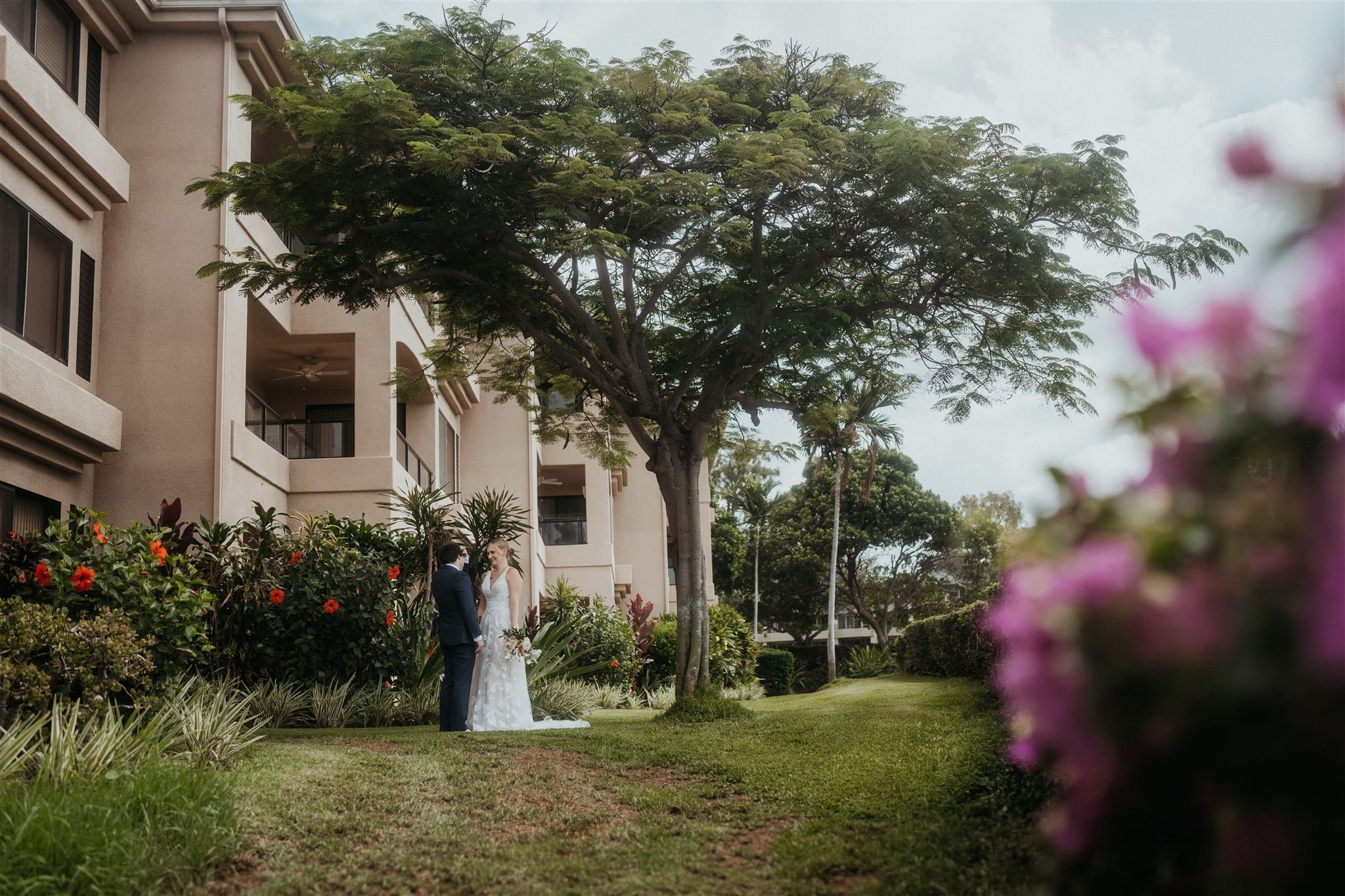 Bride and groom photos after their wedding first look on the Big Island