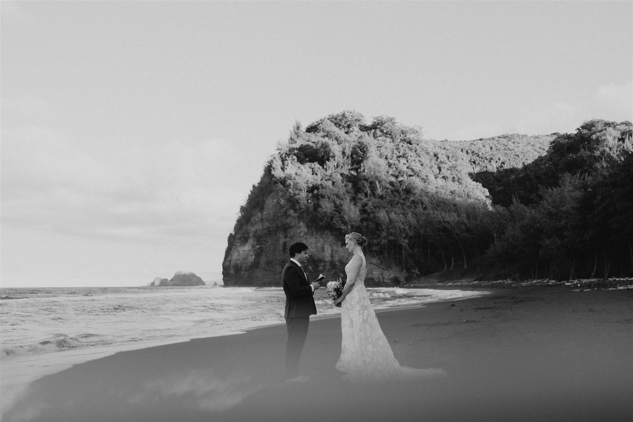 Big Island elopement ceremony on a black sand beach in Hawaii