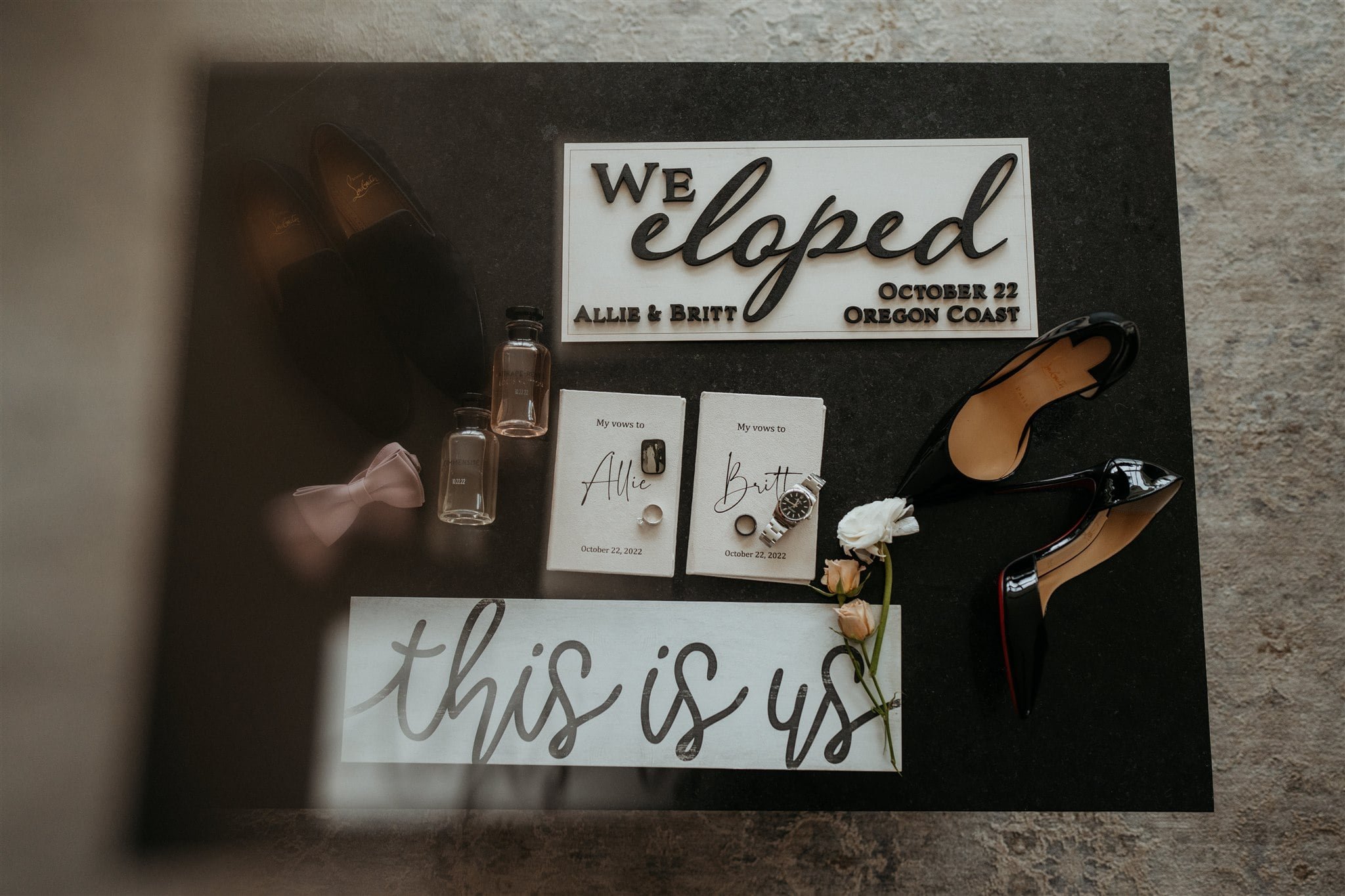 We eloped sign with white and black classy elopement details