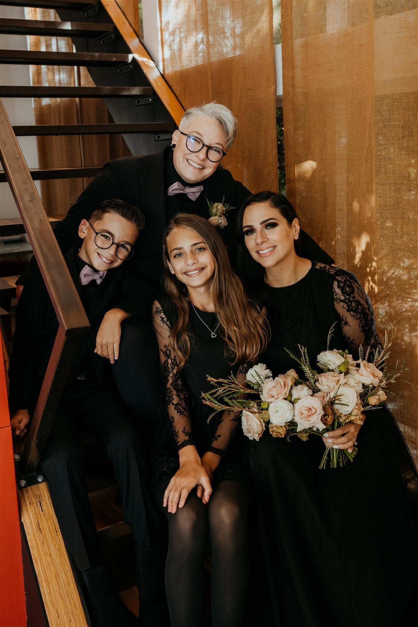 Family portrait on the steps before pacific northwest elopement ceremony