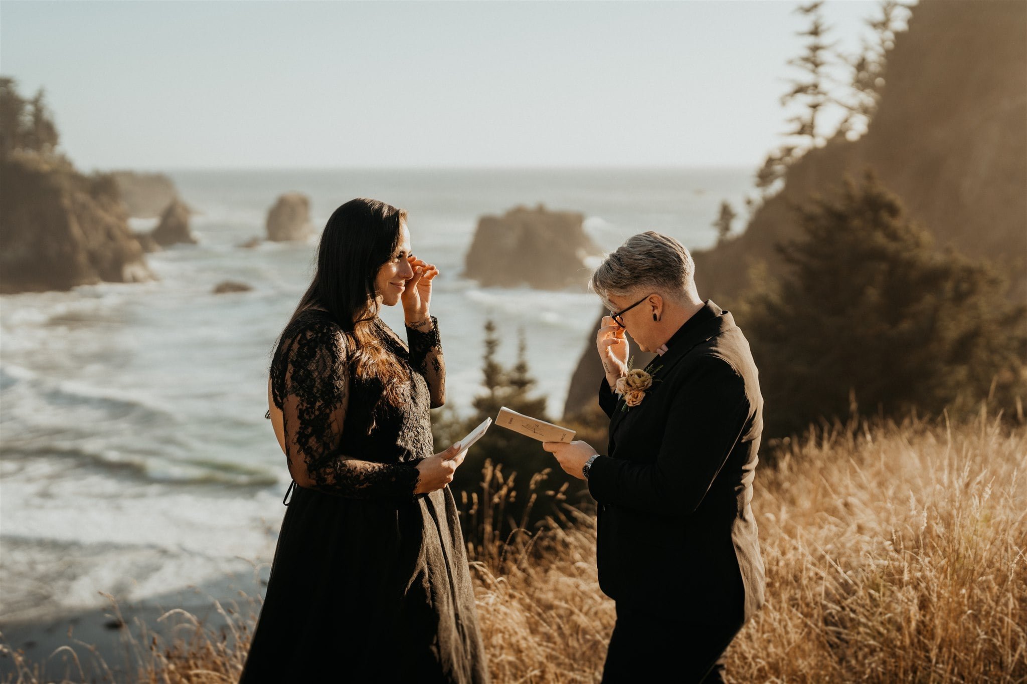 Brides get emotional during private vow exchange at Pacific Northwest elopement