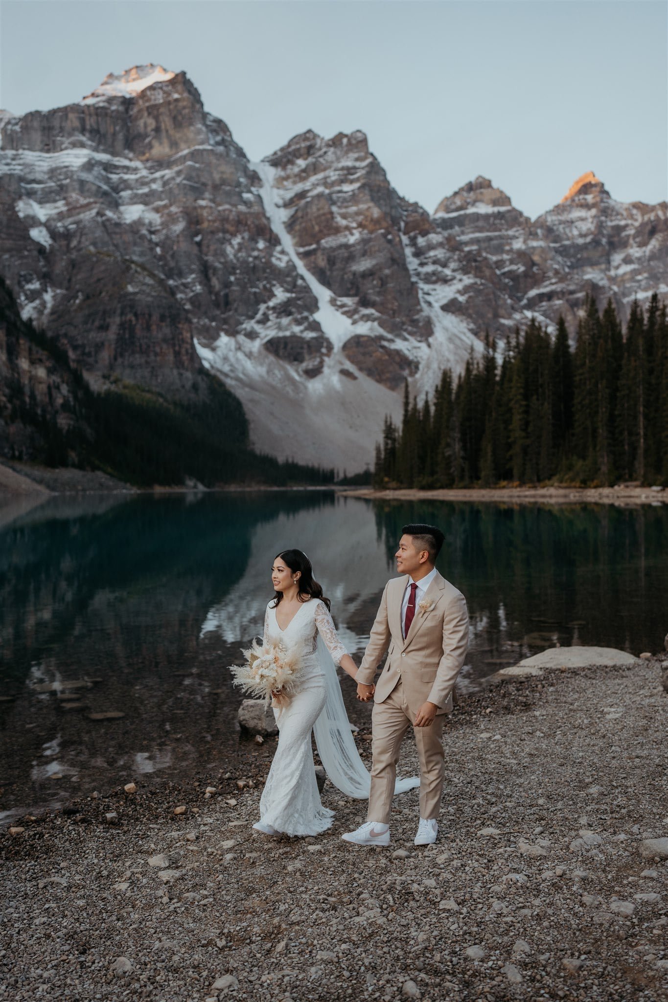 Elopement photos at sunrise in Banff National Park