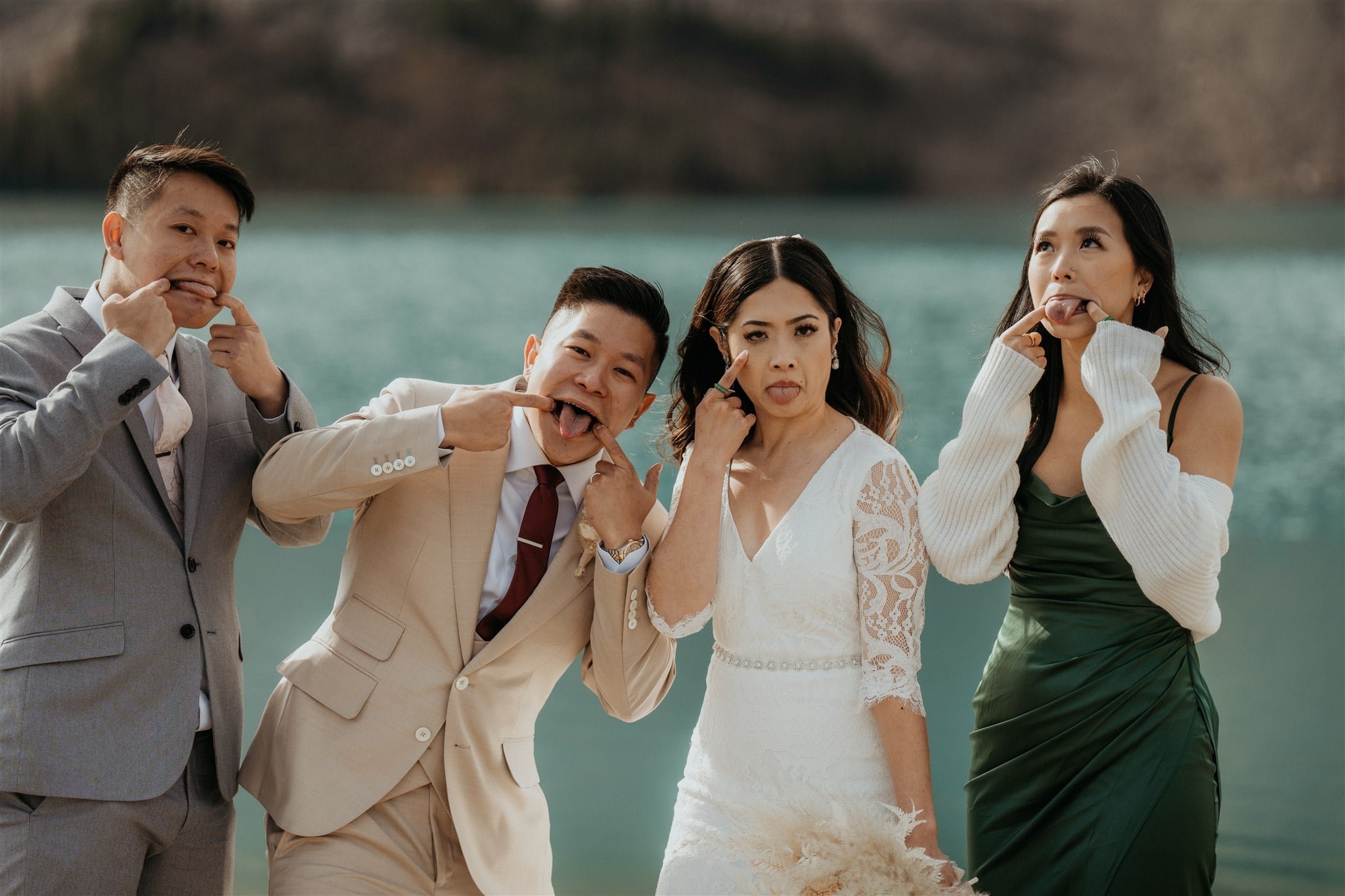 Silly family photos at Banff National Park elopement